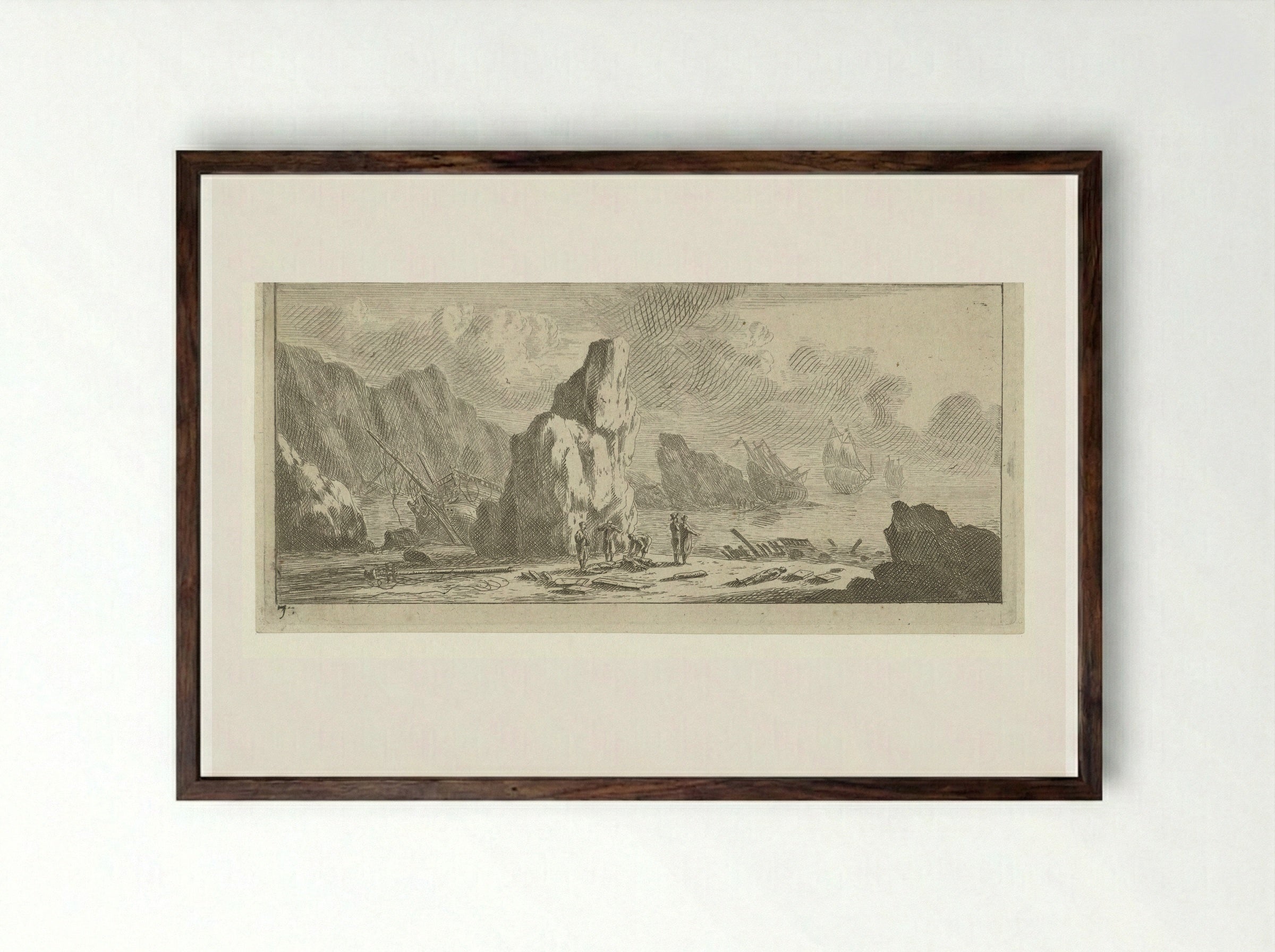 Zeegezicht met schipbreuk lijdende schepen - Reinier Nooms - Framed Print Dark Wood