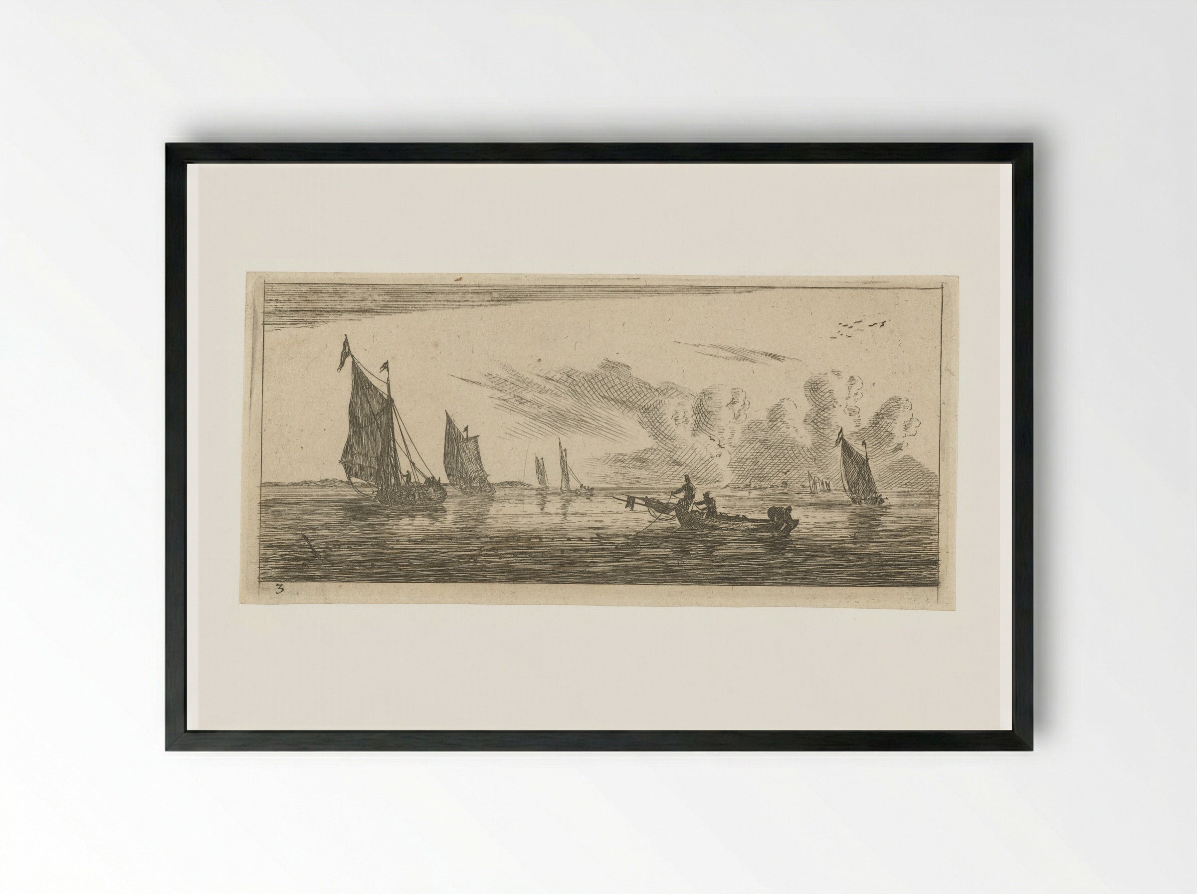 Zeegezicht met verschillende zeilschepen - Reinier Nooms - Framed Print Black