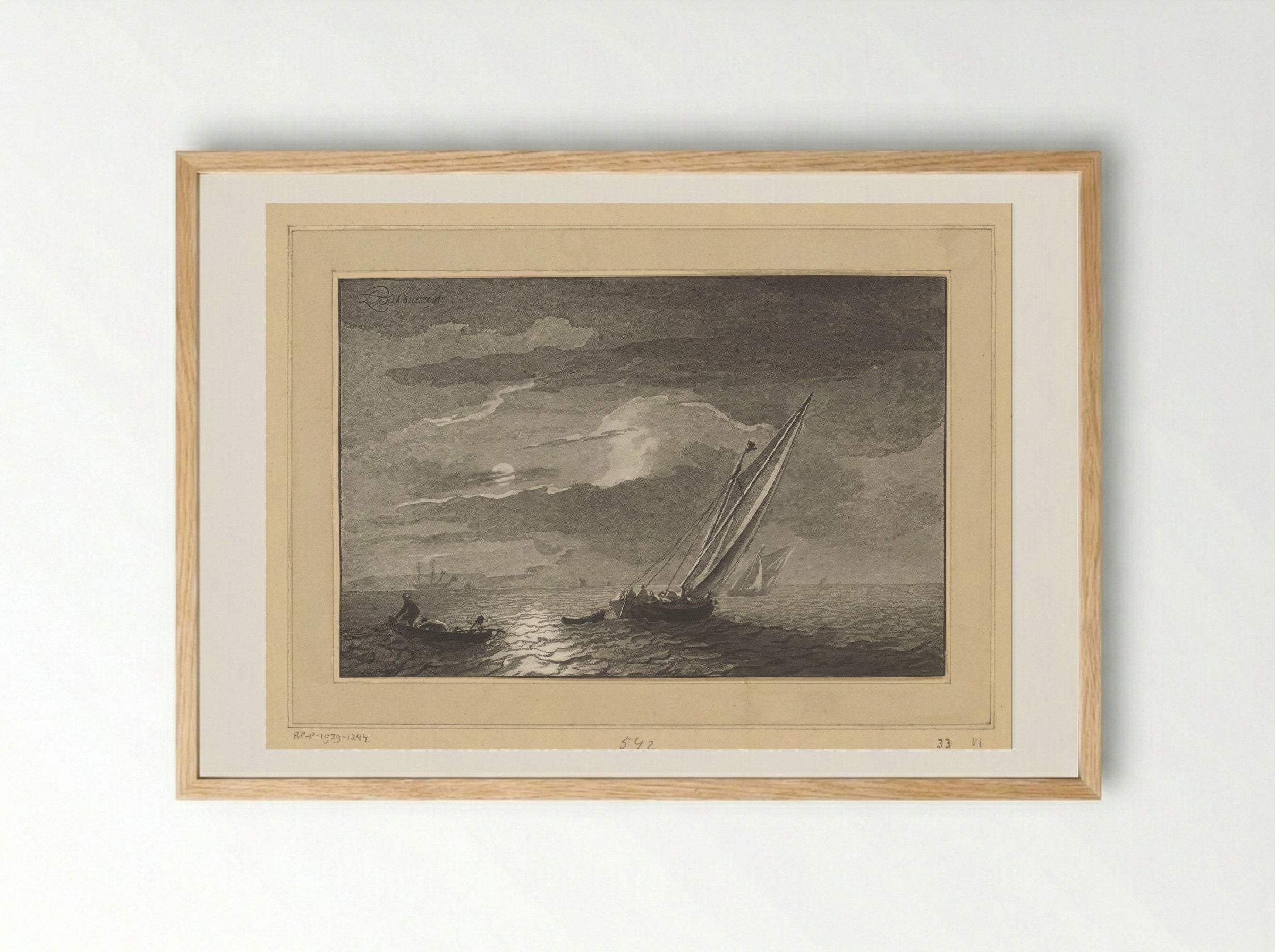 Zeegezicht met volle maan - Cornelis Brouwer - Framed Print Wood