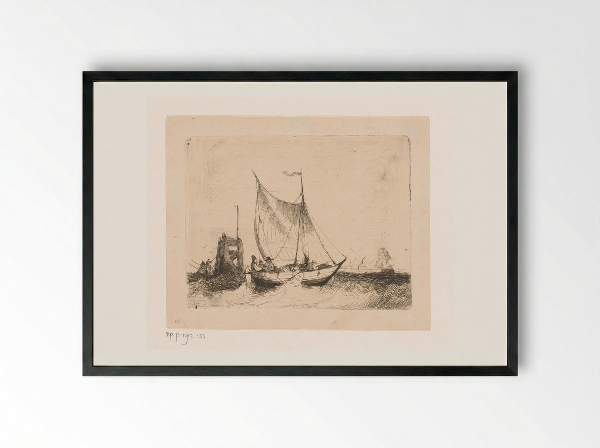 Zeegezicht met zeilboot en baken - Egidius Linnig - Framed Print Black