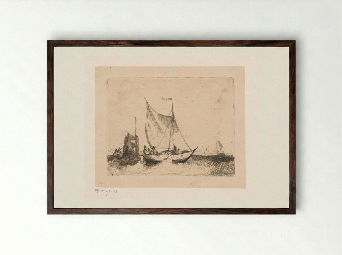 Zeegezicht met zeilboot en baken - Egidius Linnig - Framed Print Dark Wood