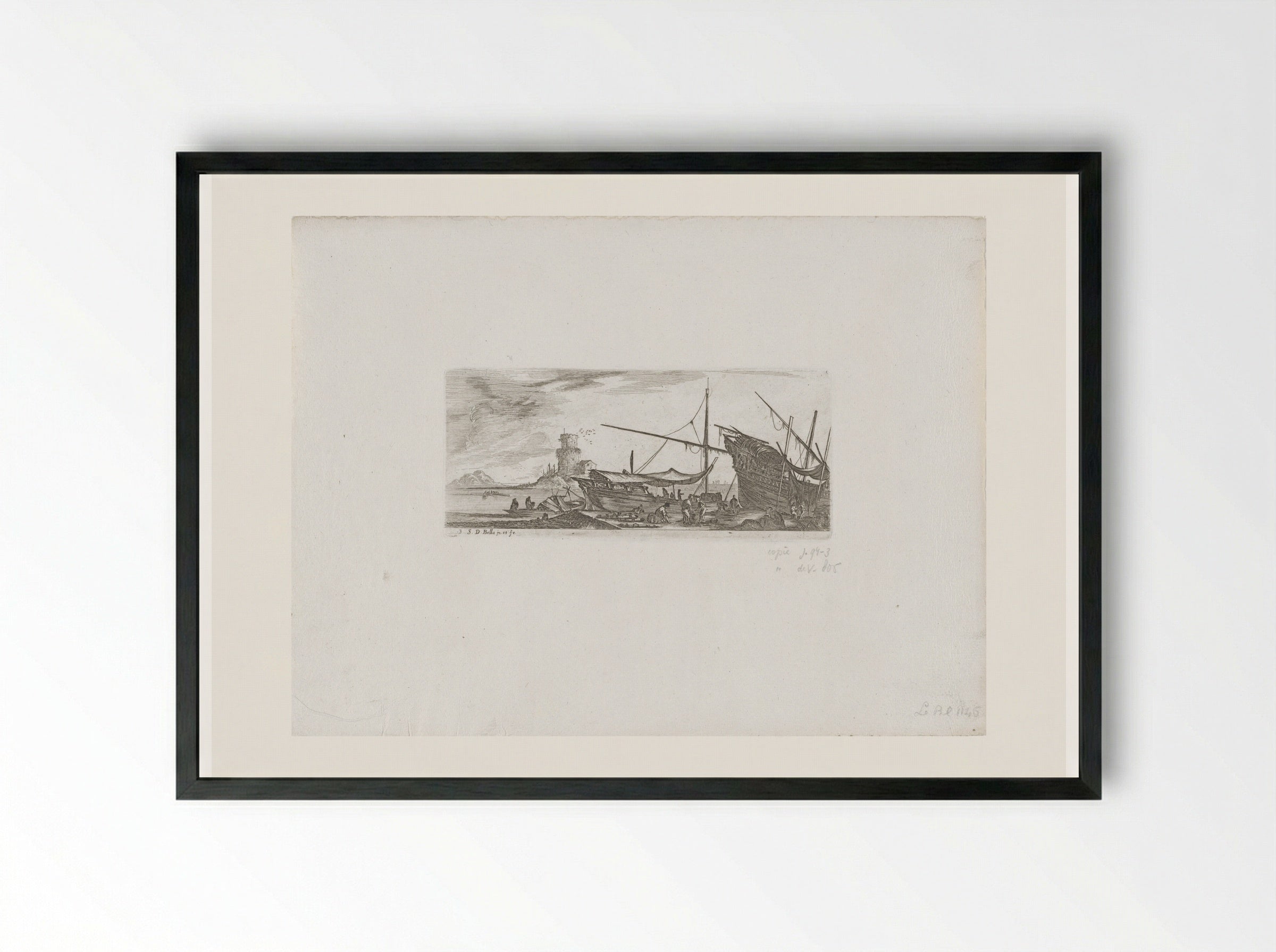 Zeehaven met drie schepen waaraan wordt gewerkt - Stefano della Bella - Framed Print Black