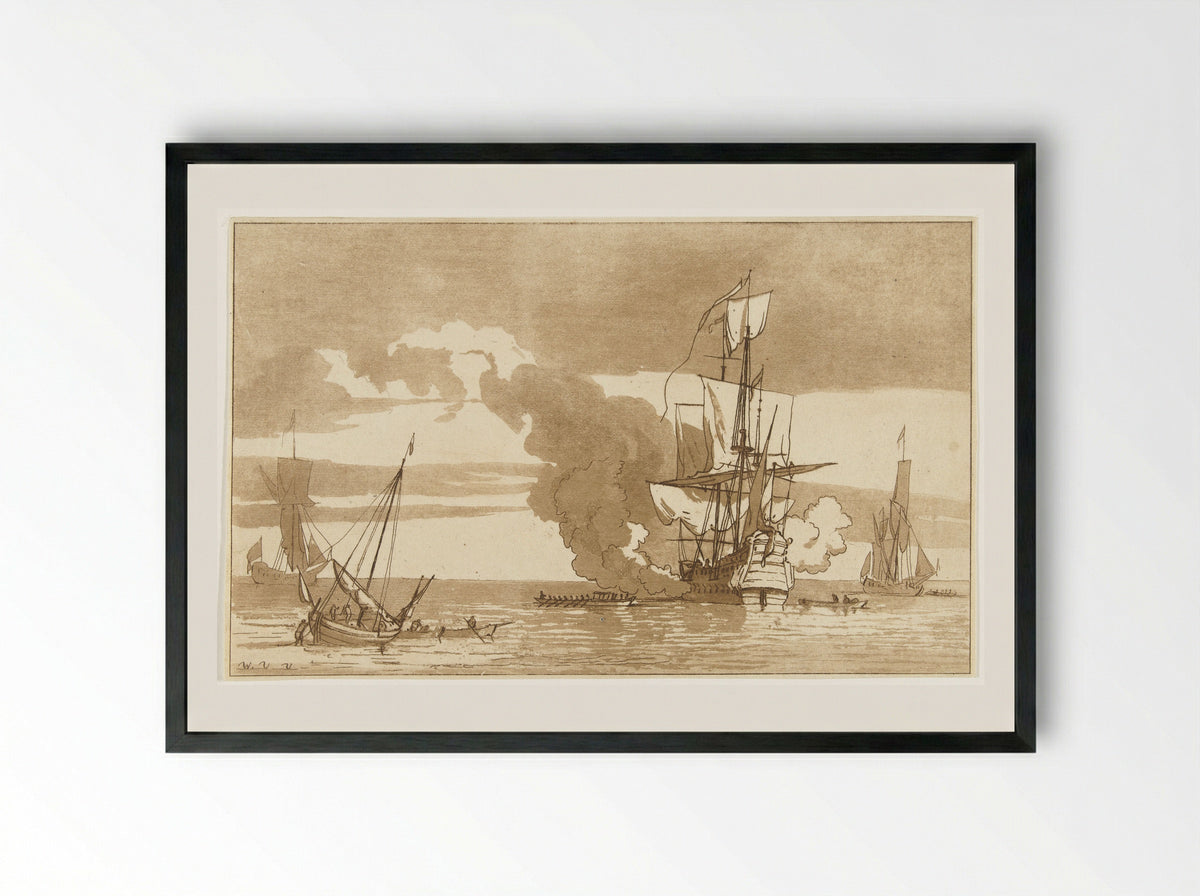 Zeeslag (Naval Battle) - Anthonie van den Bos - Framed Print Black