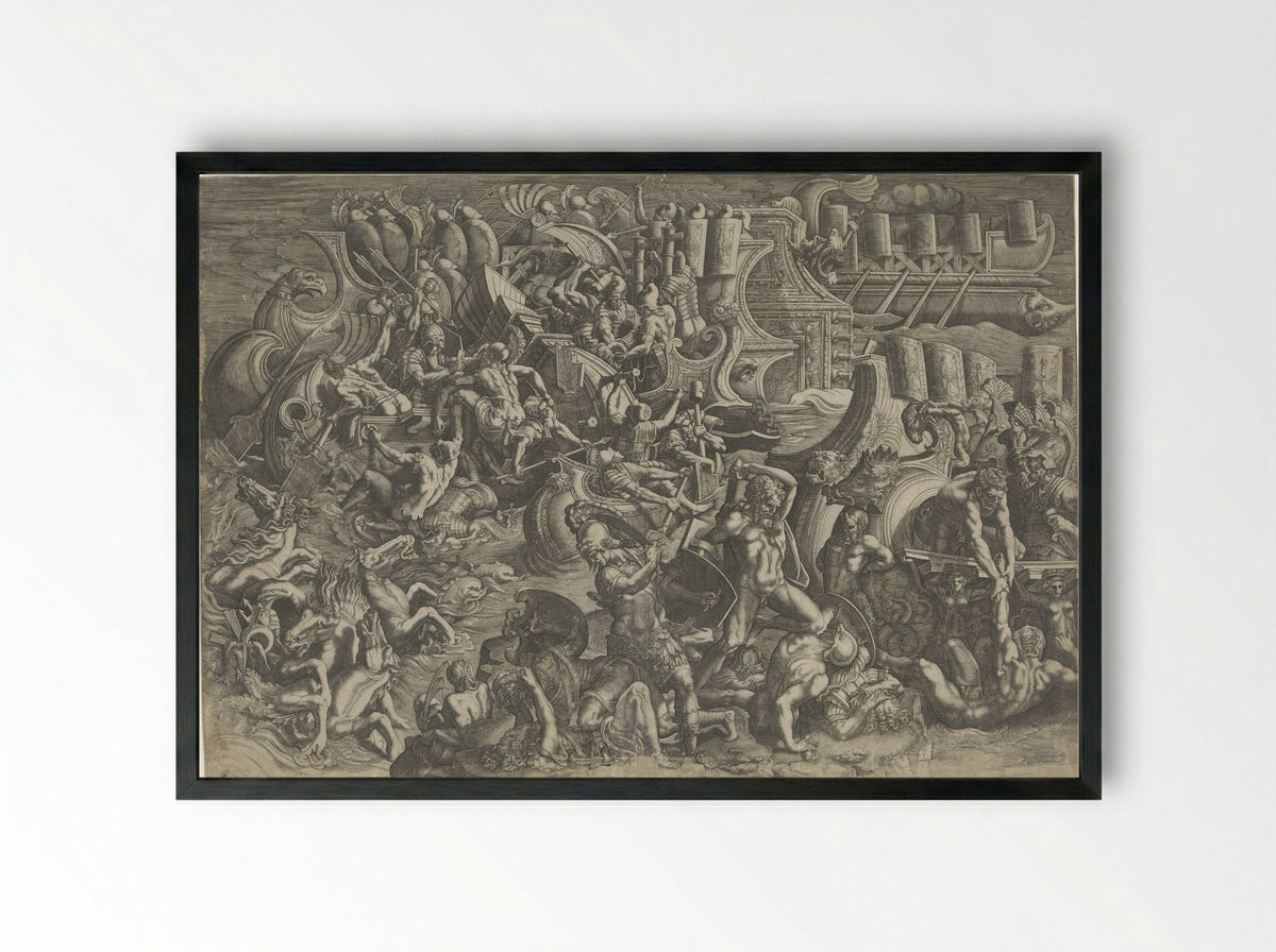 Zeeslag tussen de Trojanen en de Grieken - Giovanni Battista Scultori - Framed Print Black
