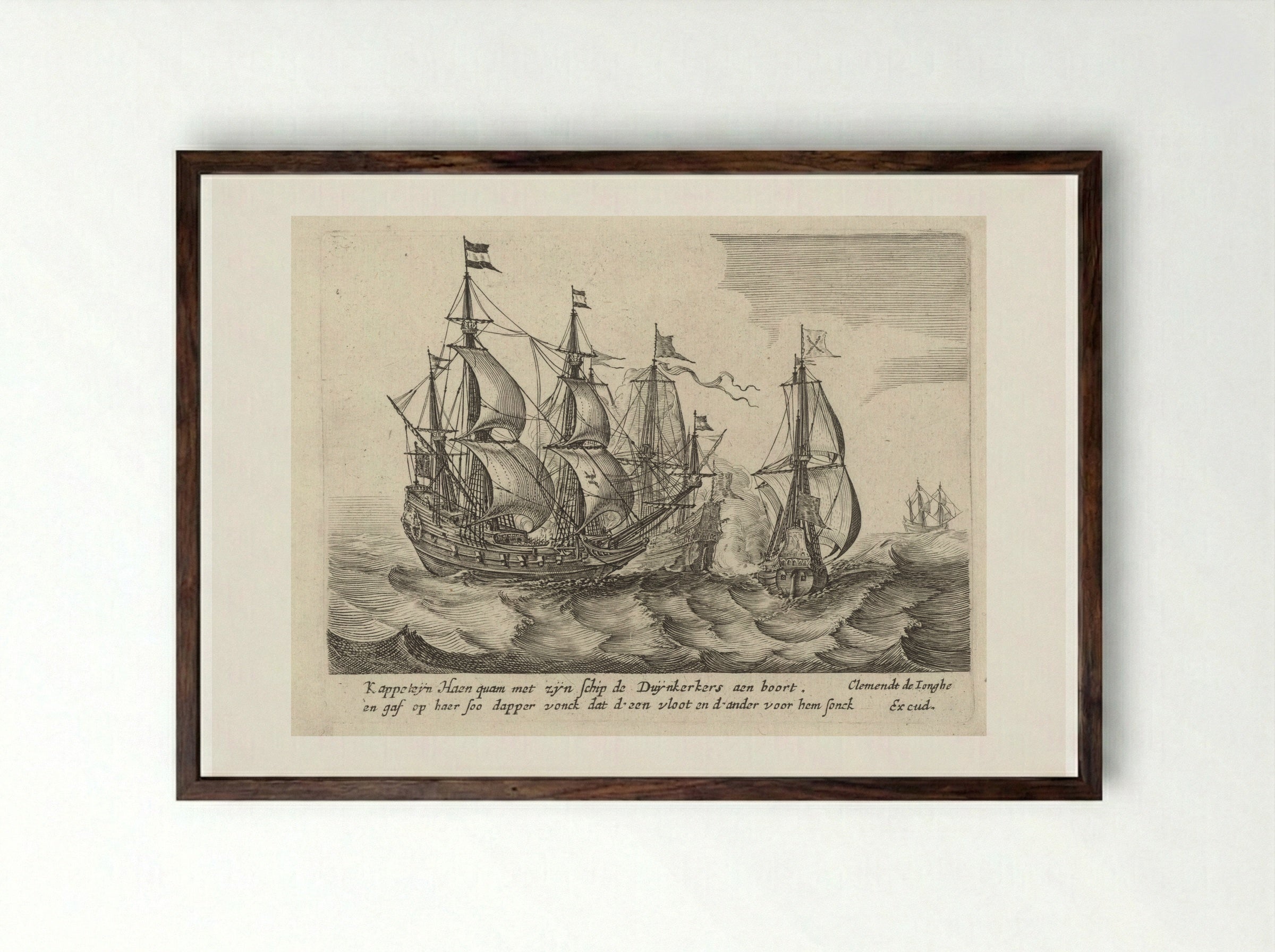 Zeeslag tussen drie zeilschepen - Salomon Savery - Framed Print Dark Wood