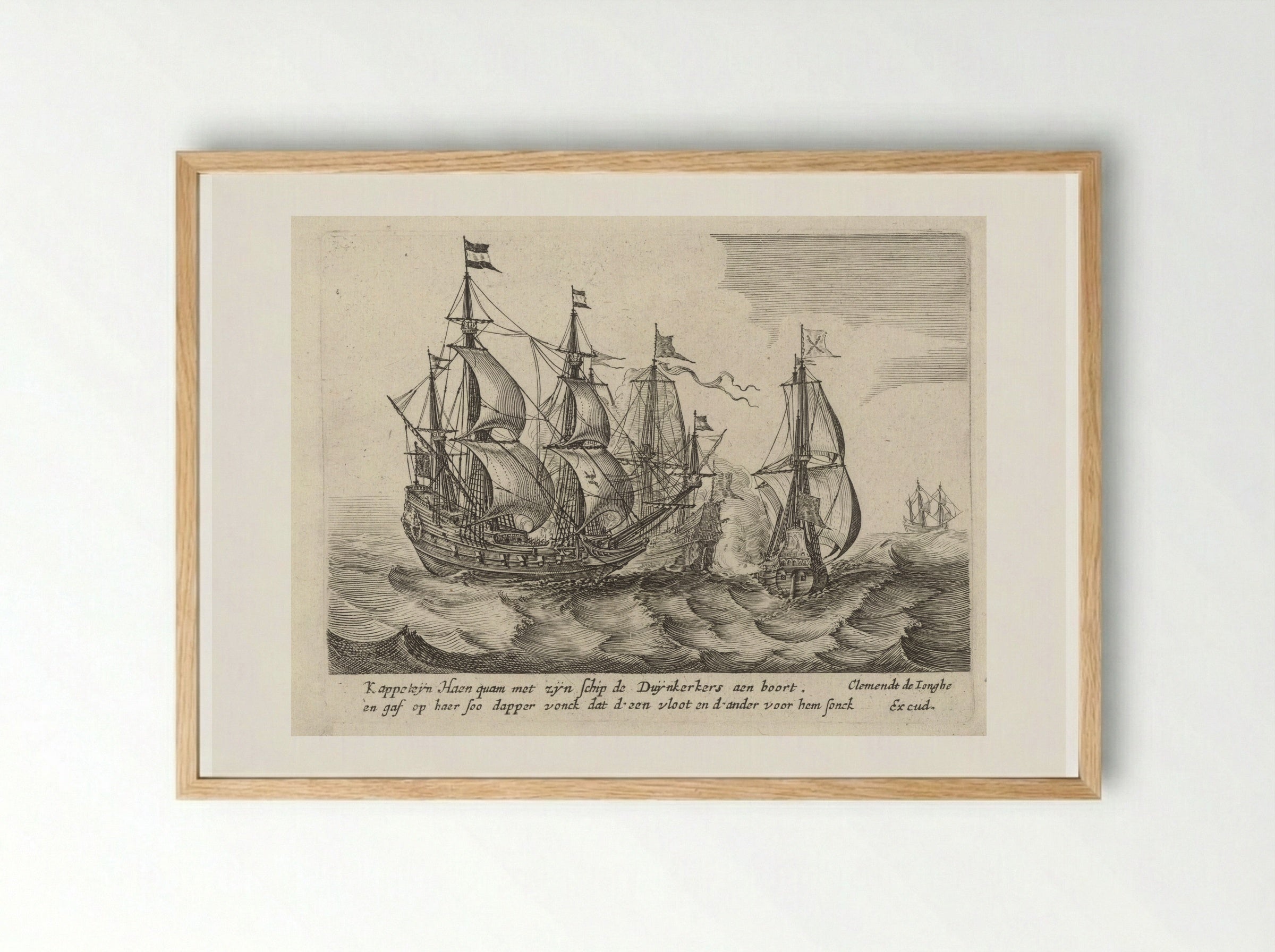 Zeeslag tussen drie zeilschepen - Salomon Savery - Framed Print Wood