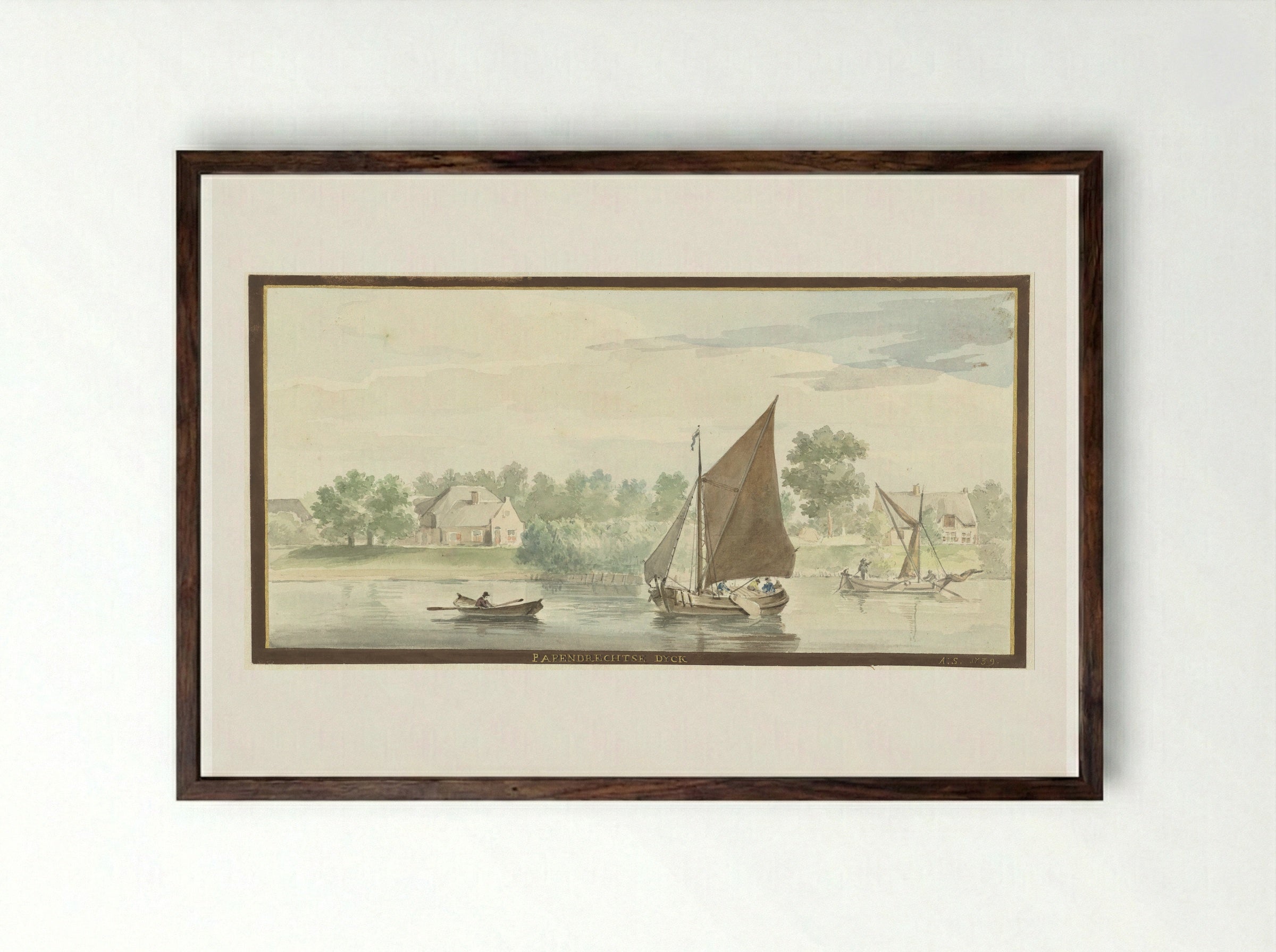 Zeilend schip op de Beneden Merwede bij de Papendrechtse dijk - Aert Schouman - Framed Print Dark Wood