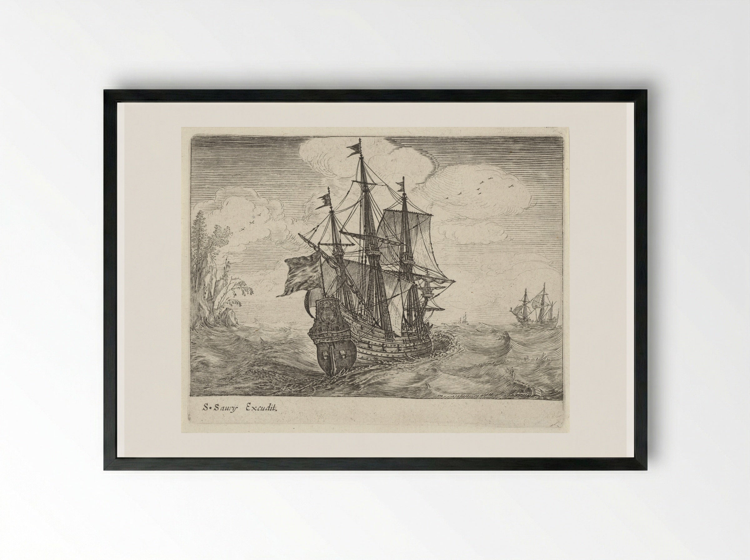 Zeilende driemaster met links een rotskust met bomen - Salomon Savery - Framed Print Black