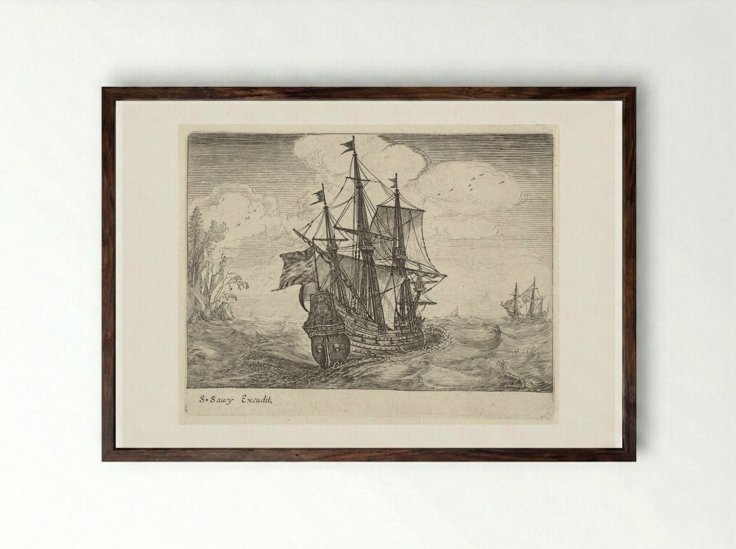 Zeilende driemaster met links een rotskust met bomen - Salomon Savery - Framed Print Dark Wood