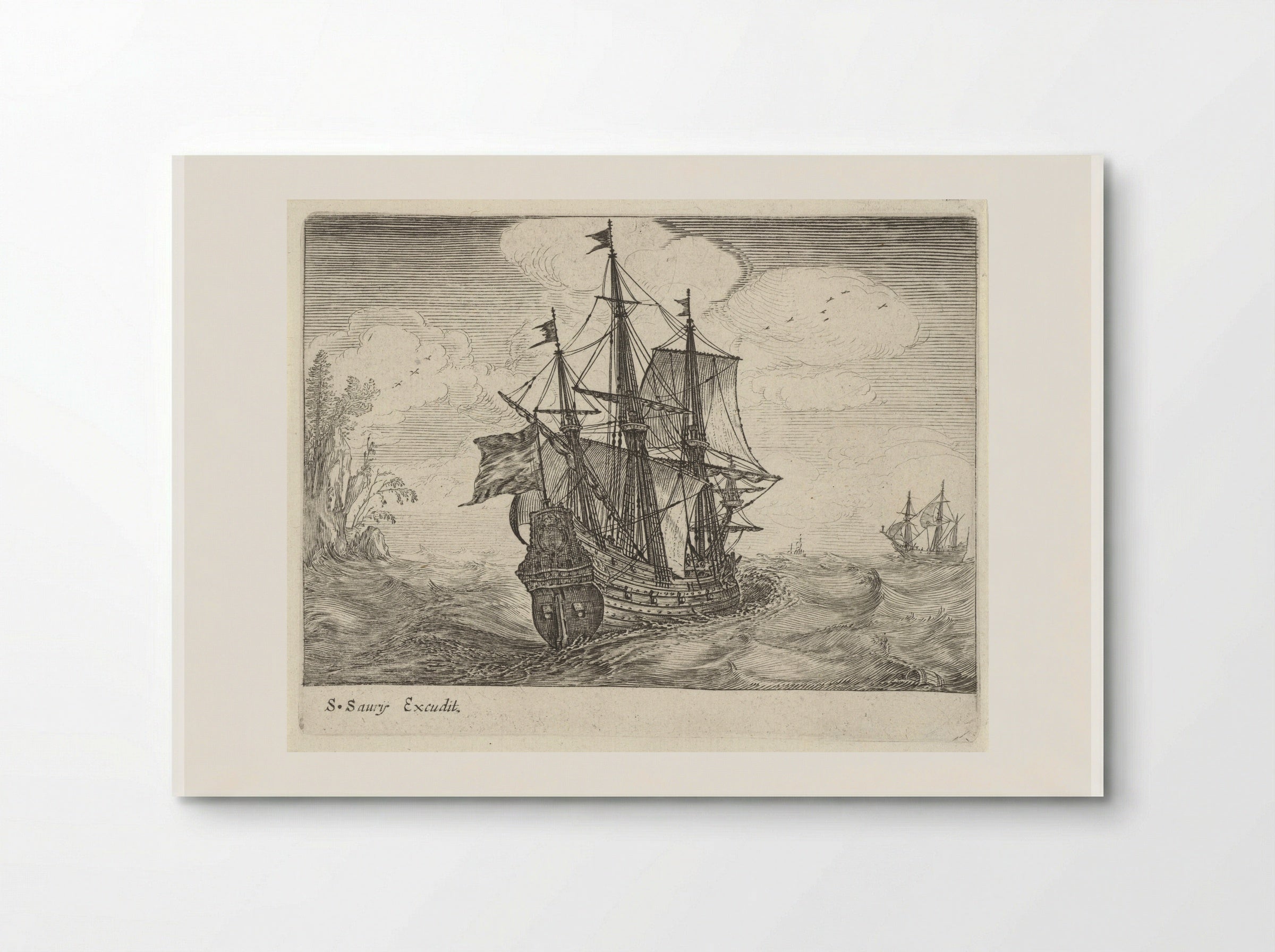 Zeilende driemaster met links een rotskust met bomen - Salomon Savery - Poster
