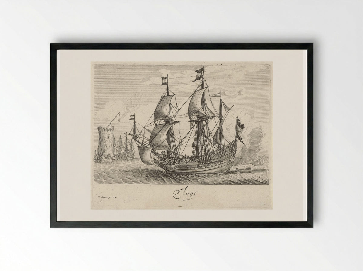 Zeilende driemaster met op de achtergrond een vuurtoren en zeilschepen - Salomon Savery - Framed Print Black
