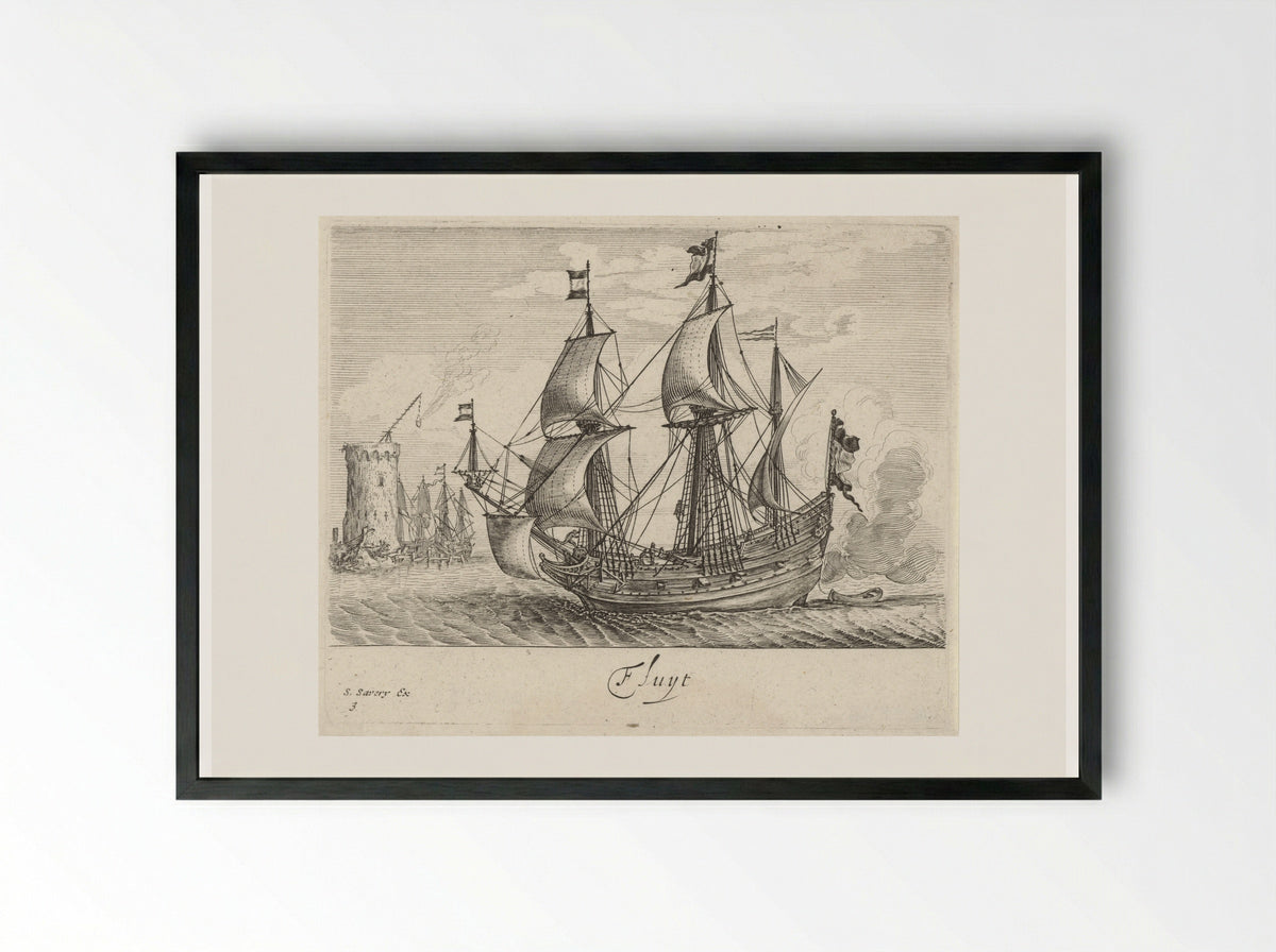 Zeilende driemaster met op de achtergrond een vuurtoren en zeilschepen - Salomon Savery - Framed Print Black