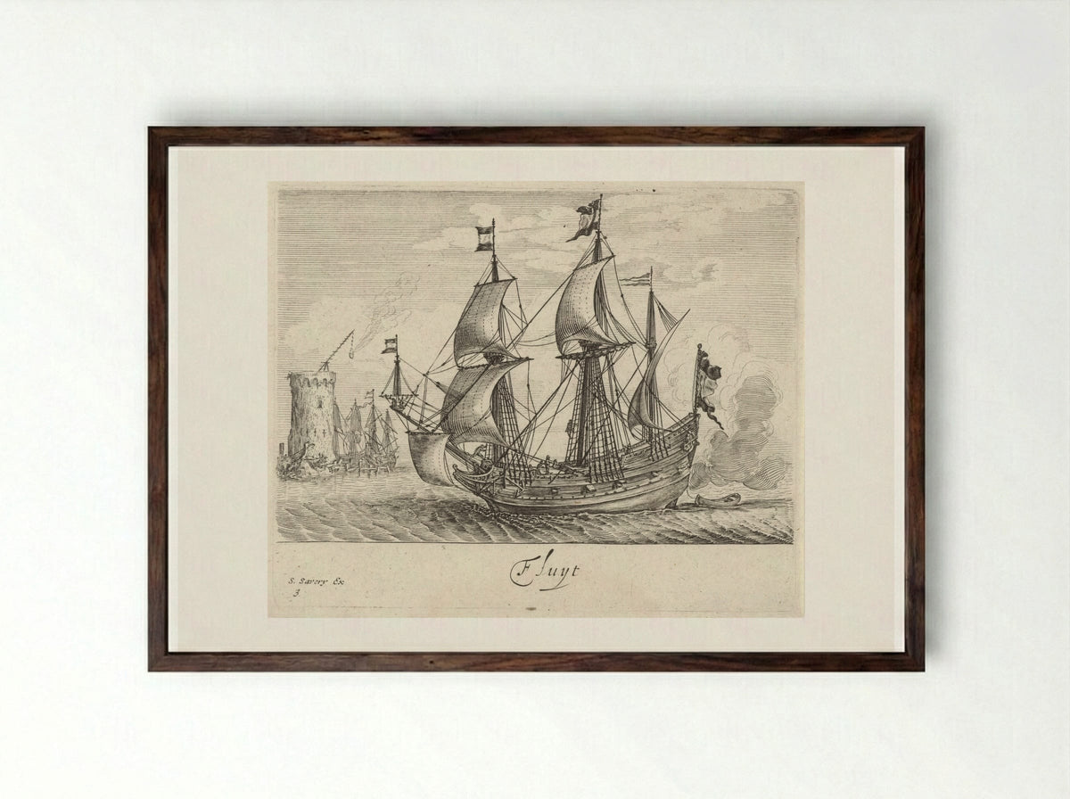Zeilende driemaster met op de achtergrond een vuurtoren en zeilschepen - Salomon Savery - Framed Print Dark Wood