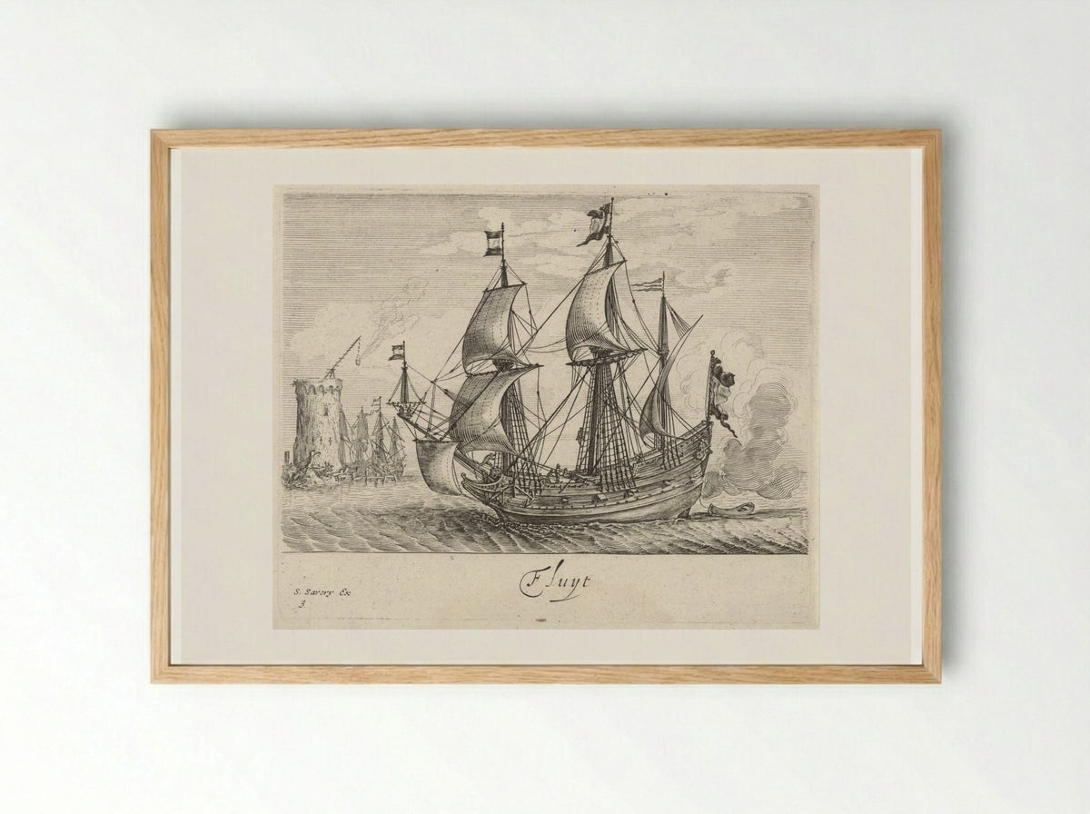 Zeilende driemaster met op de achtergrond een vuurtoren en zeilschepen - Salomon Savery - Framed Print Wood