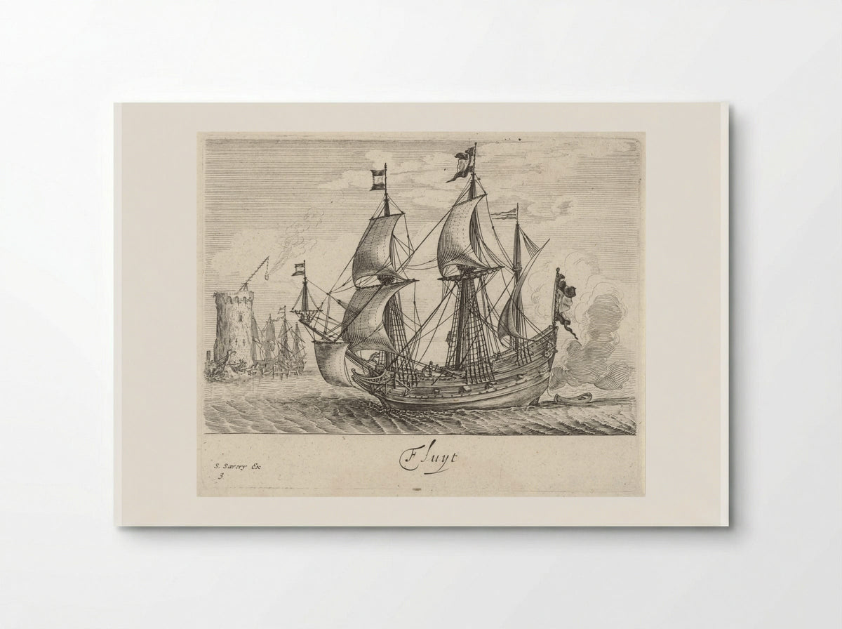 Zeilende driemaster met op de achtergrond een vuurtoren en zeilschepen - Salomon Savery - Poster