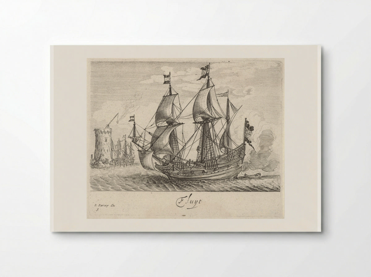 Zeilende driemaster met op de achtergrond een vuurtoren en zeilschepen - Salomon Savery - Poster