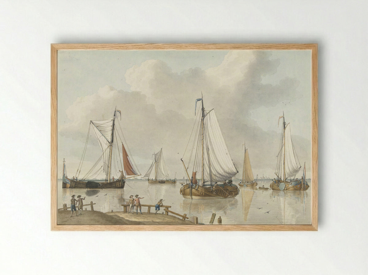 Zeilschepen, aan de kant staan vijf mannen - Jan Arends - Framed Print Wood