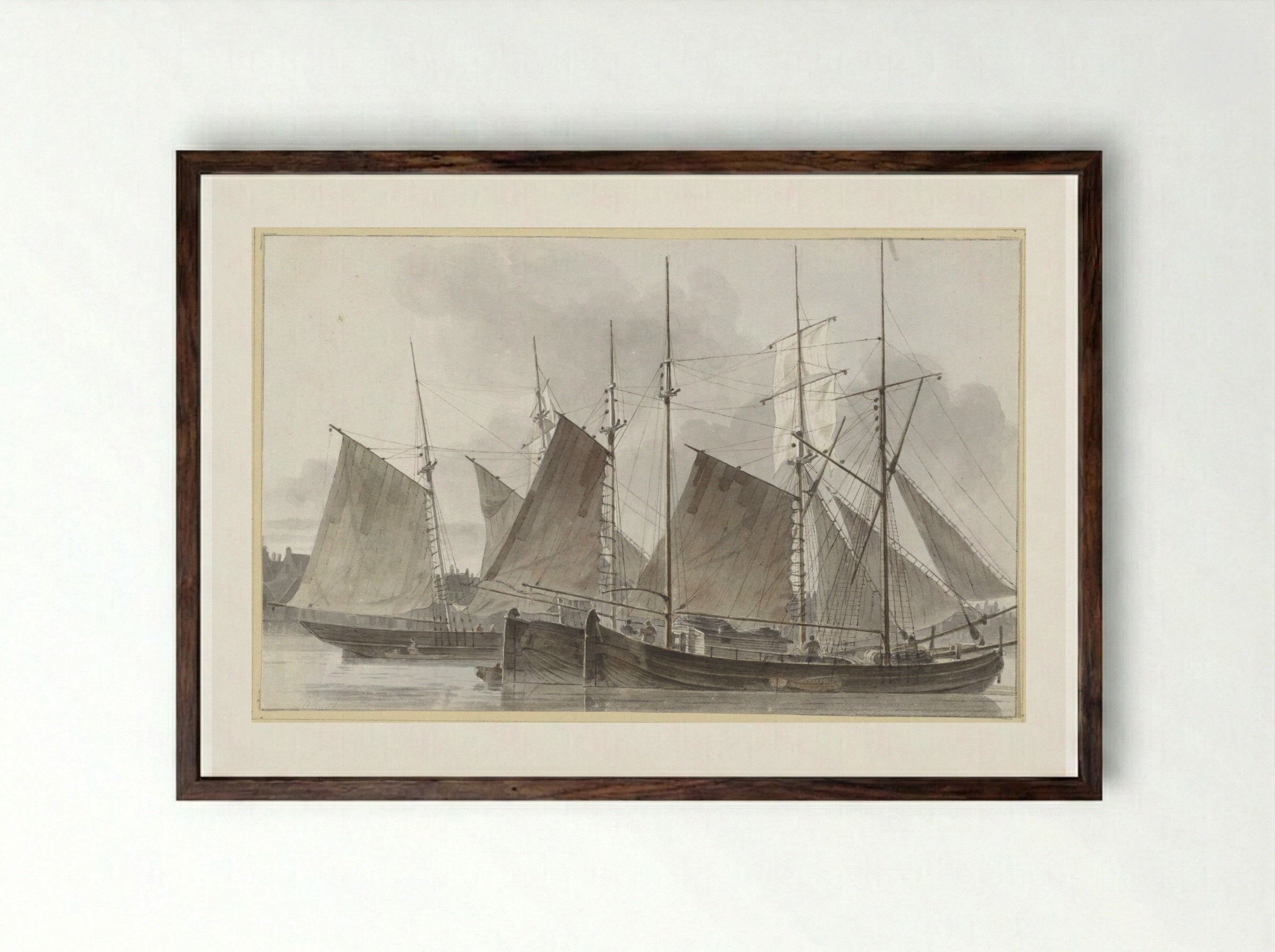 Zeilschepen aangemeerd voor een stad - Hendrik Abraham Klinkhamer - Framed Print Dark Wood