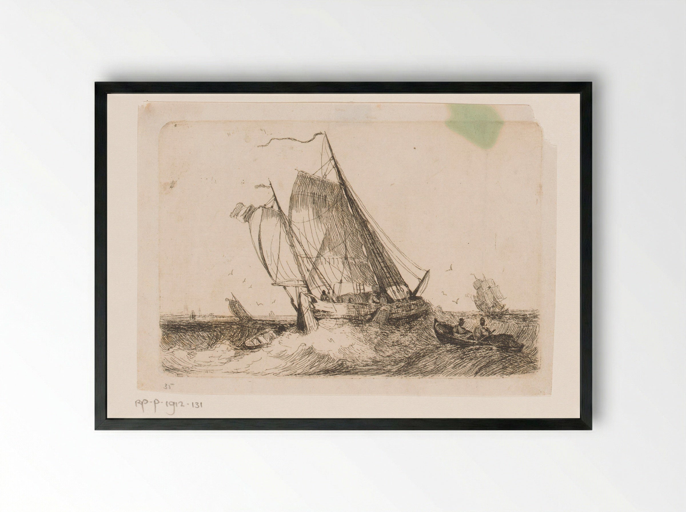 Zeilschepen en een roeiboot op onrustige zee - Egidius Linnig - Framed Print Black