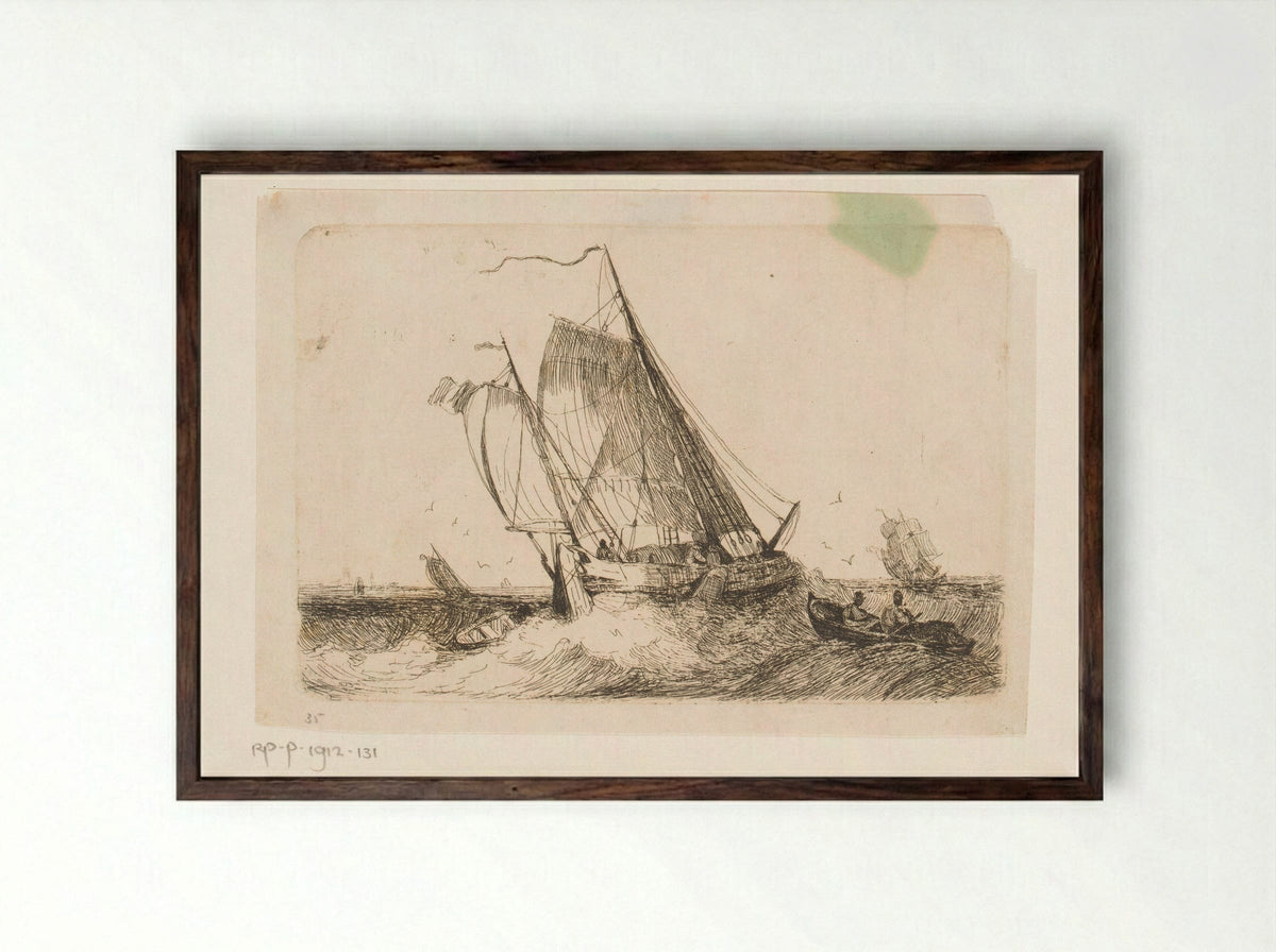 Zeilschepen en een roeiboot op onrustige zee - Egidius Linnig - Framed Print Dark Wood