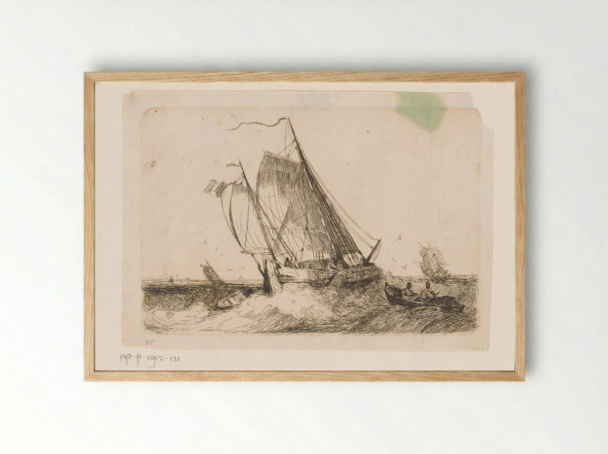 Zeilschepen en een roeiboot op onrustige zee - Egidius Linnig - Framed Print Wood