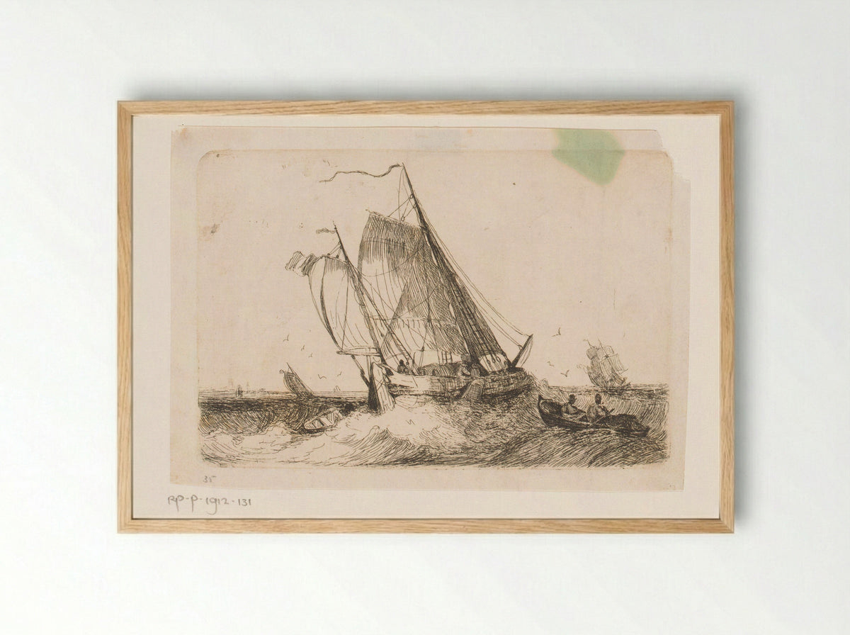 Zeilschepen en een roeiboot op onrustige zee - Egidius Linnig - Framed Print Wood