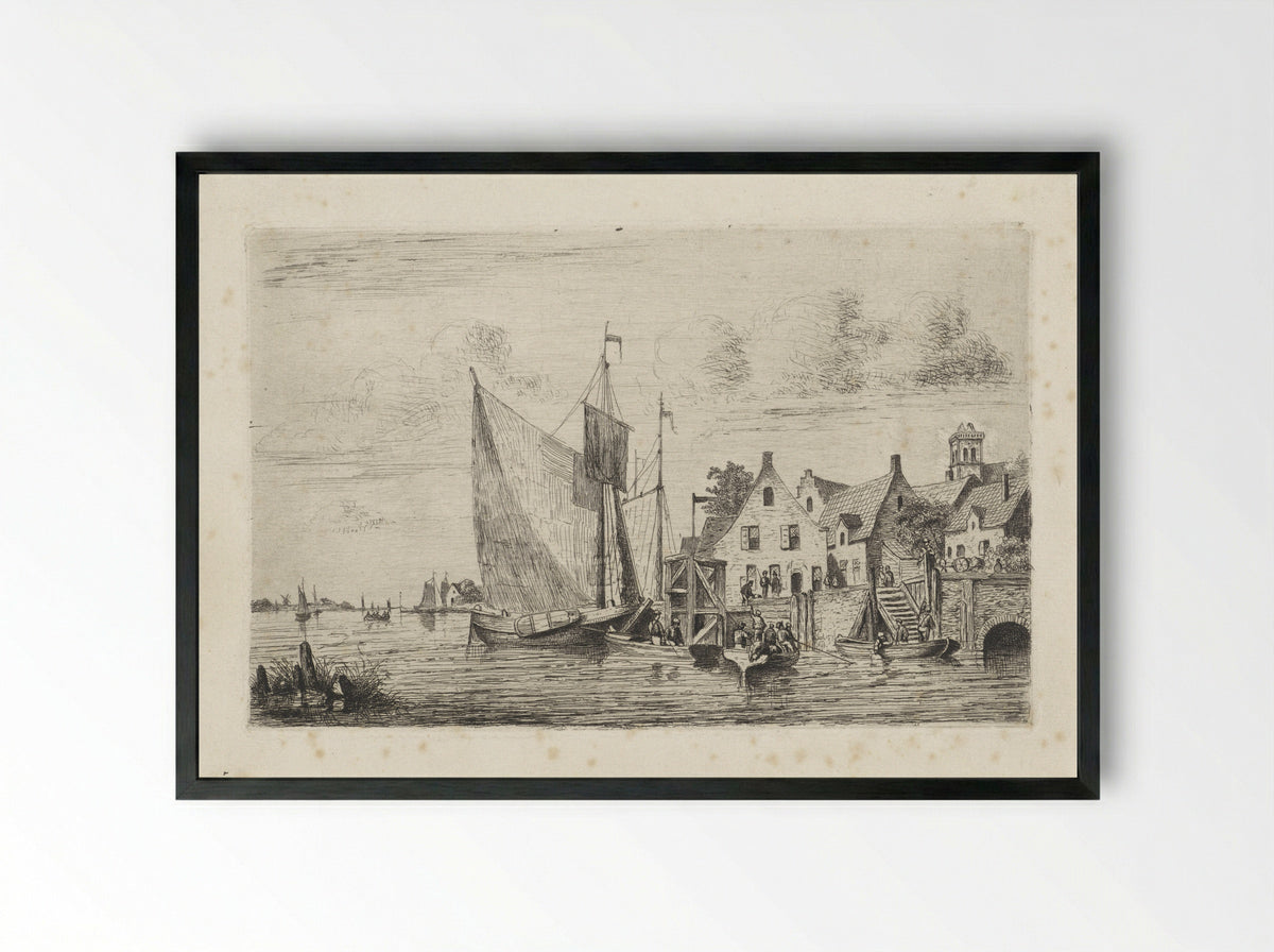 Zeilschepen en sloepen aan de kade bij een dorp - Henri Adolphe Schaep - Framed Print Black