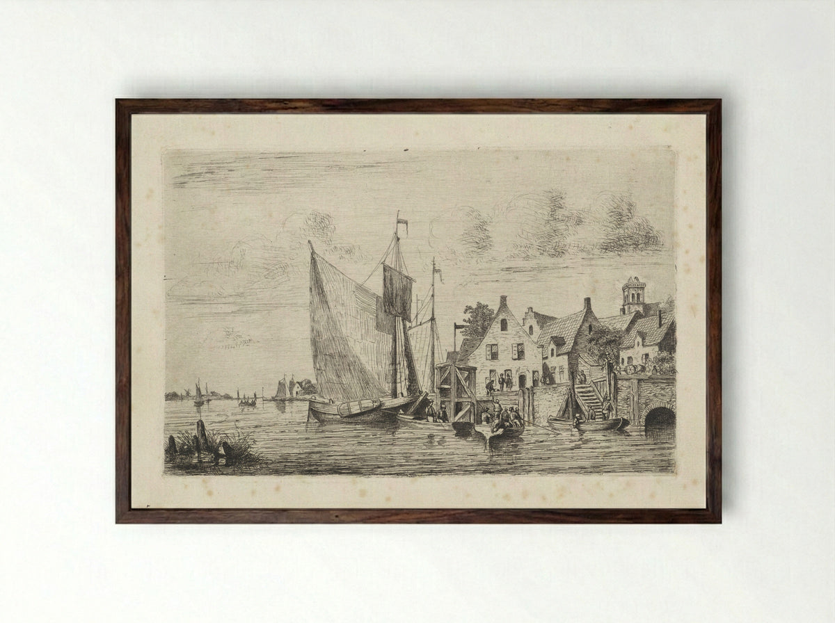 Zeilschepen en sloepen aan de kade bij een dorp - Henri Adolphe Schaep - Framed Print Dark Wood