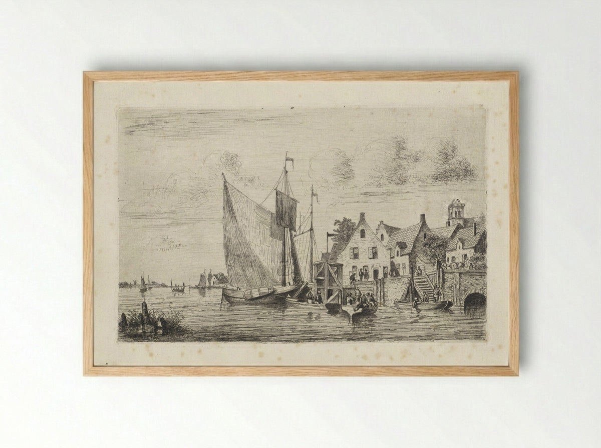 Zeilschepen en sloepen aan de kade bij een dorp - Henri Adolphe Schaep - Framed Print Wood