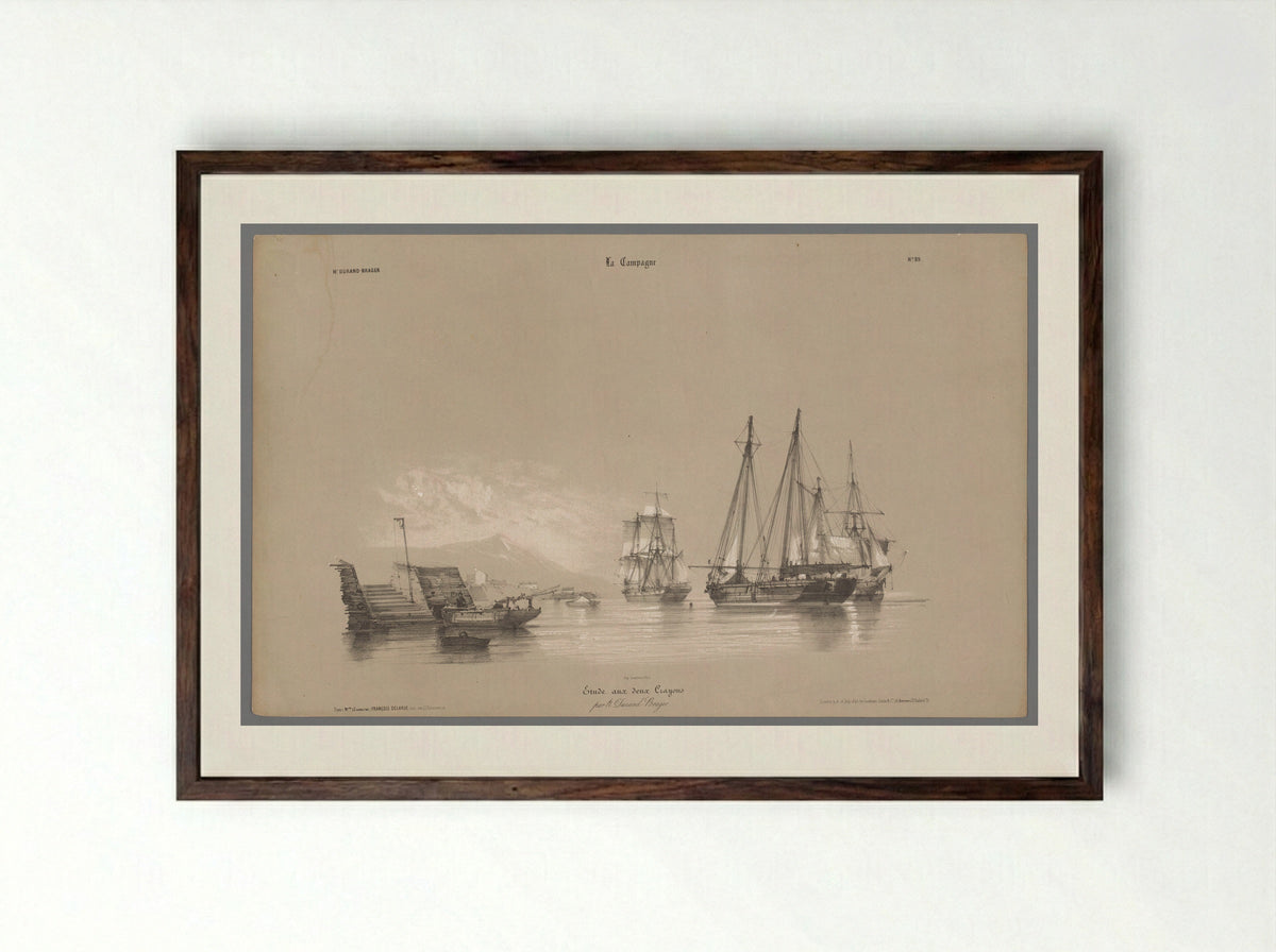 Zeilschepen in de haven - Bernard Romain Julien - Framed Print Dark Wood