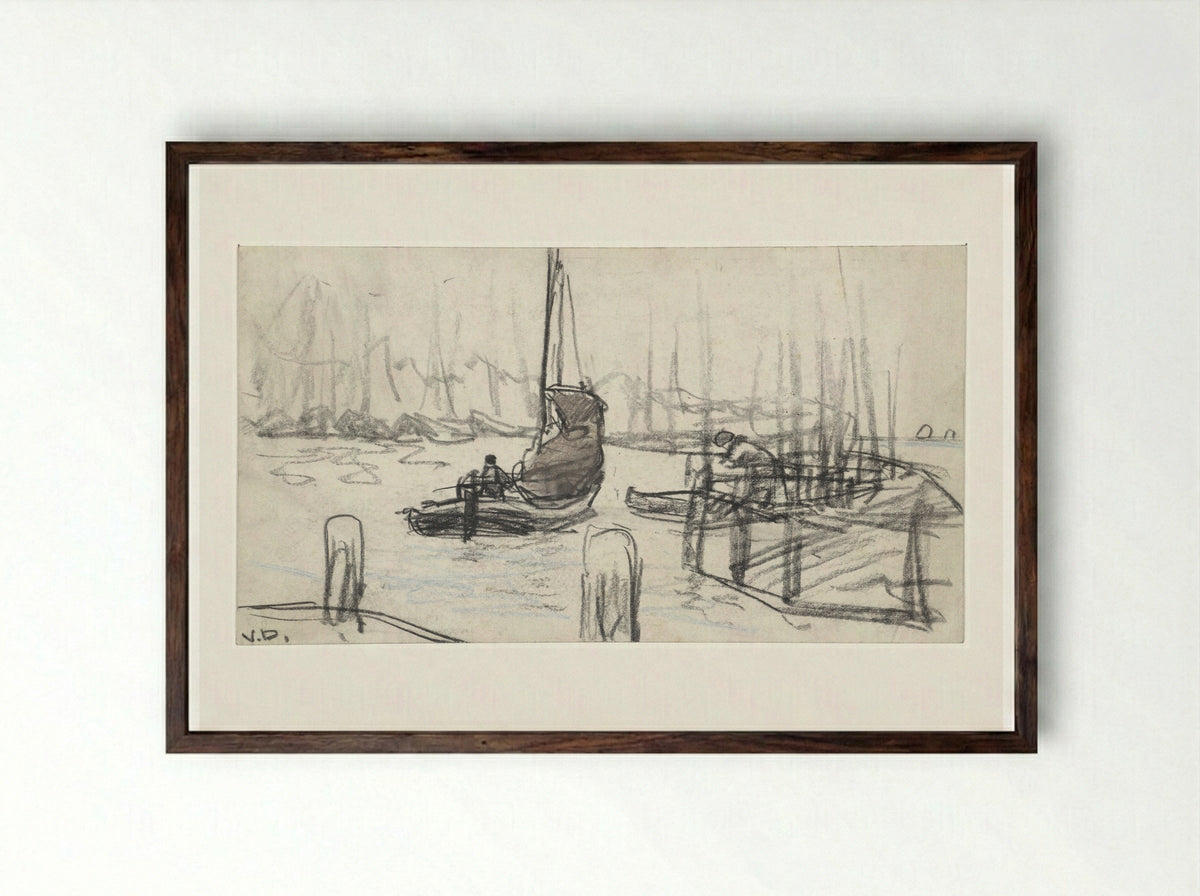 Zeilschepen op rivier - Adolf le Comte - Framed Print Dark Wood