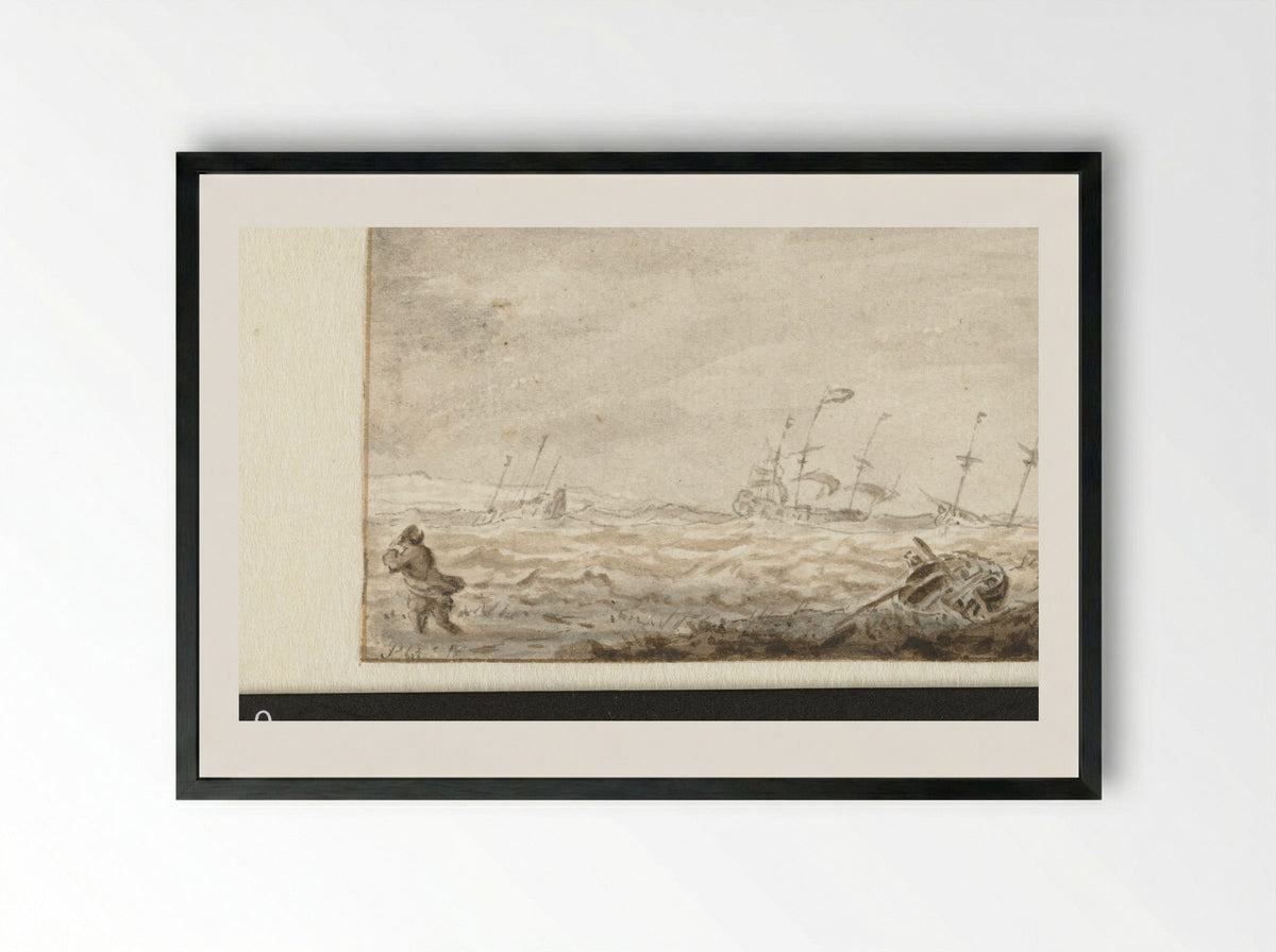 Zeilschepen op ruwe zee - Pieter Coopse - Framed Print Black