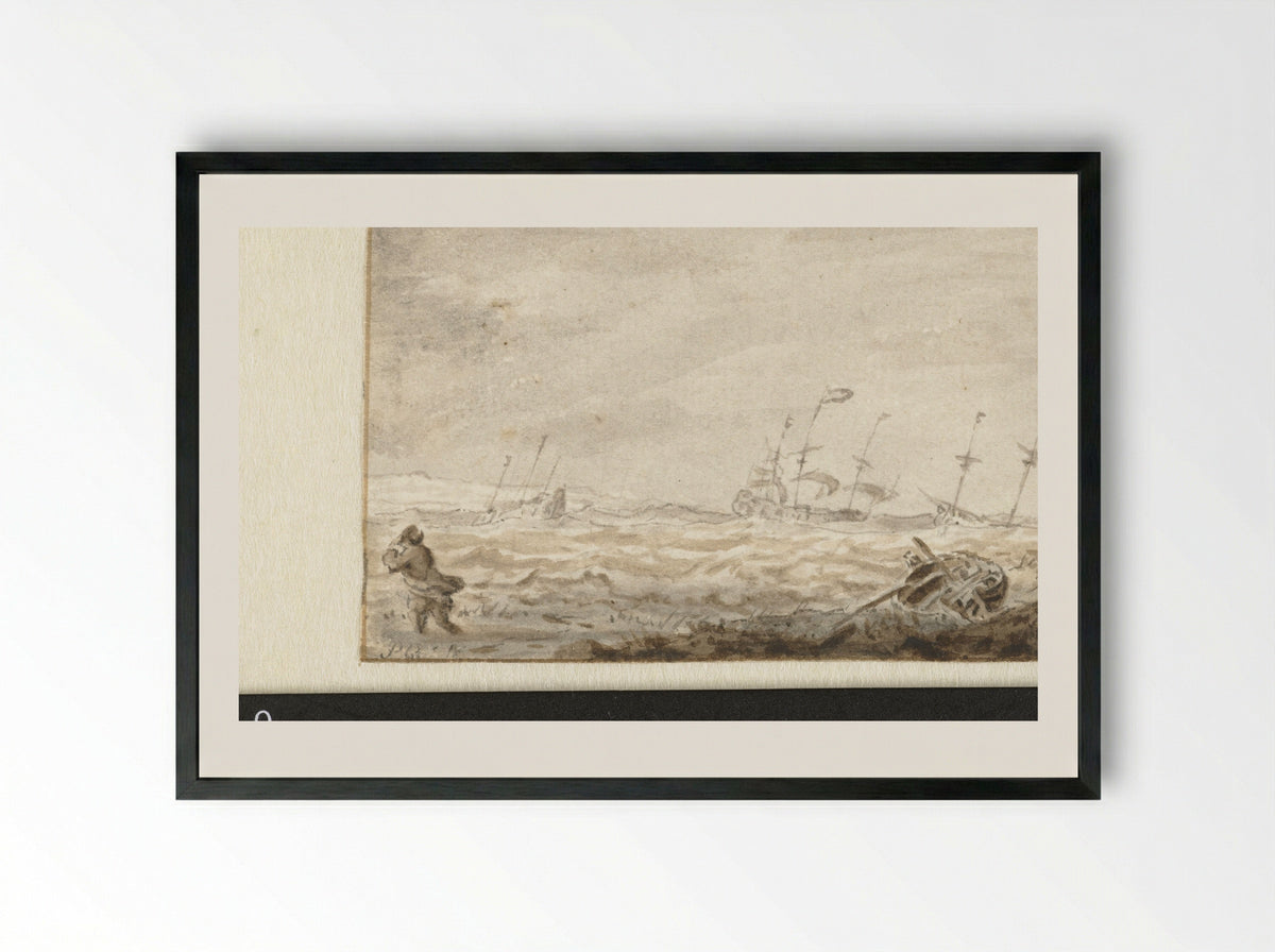 Zeilschepen op ruwe zee - Pieter Coopse - Framed Print Black