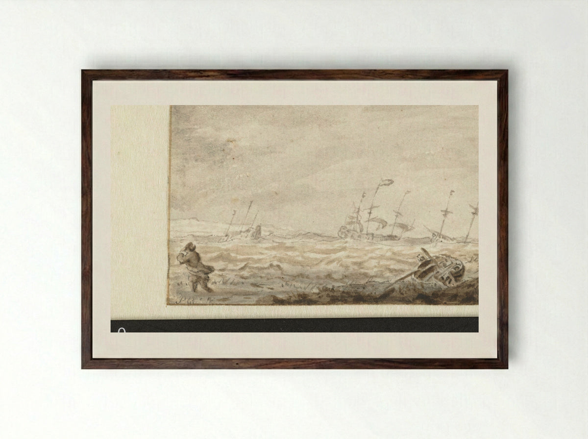 Zeilschepen op ruwe zee - Pieter Coopse - Framed Print Dark Wood