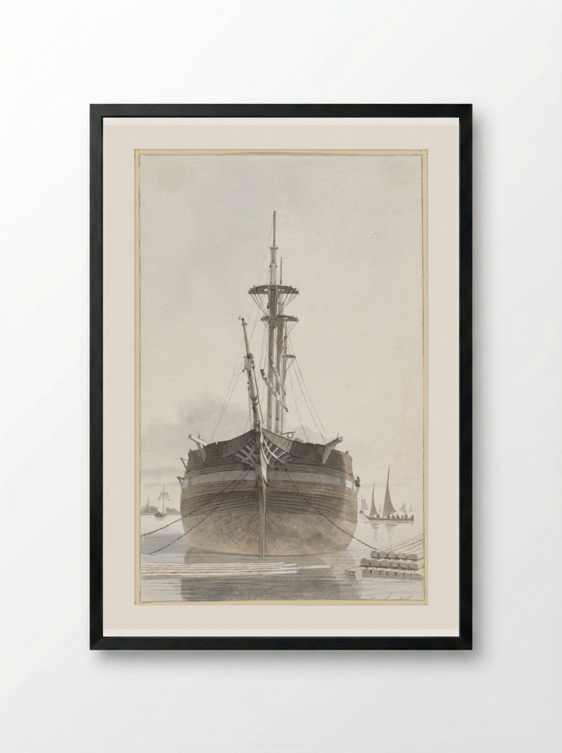 Zeilschip van voren gezien in een houthaven - Hendrik Abraham Klinkhamer - Framed Print Black