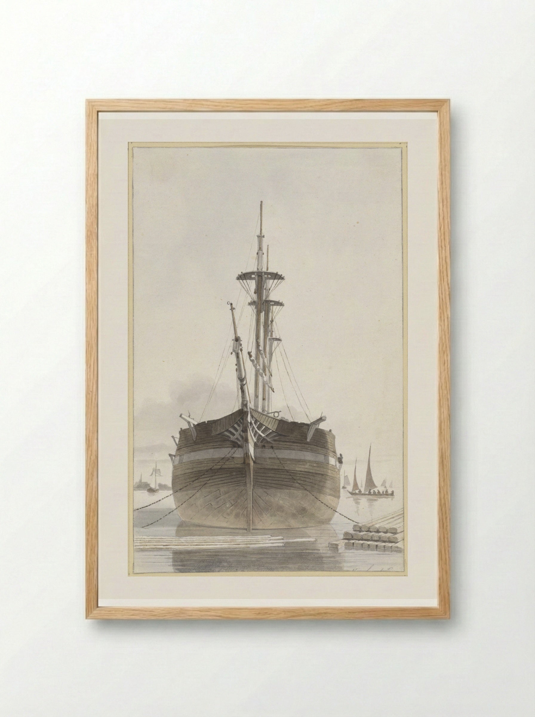 Zeilschip van voren gezien in een houthaven - Hendrik Abraham Klinkhamer - Framed Print Wood