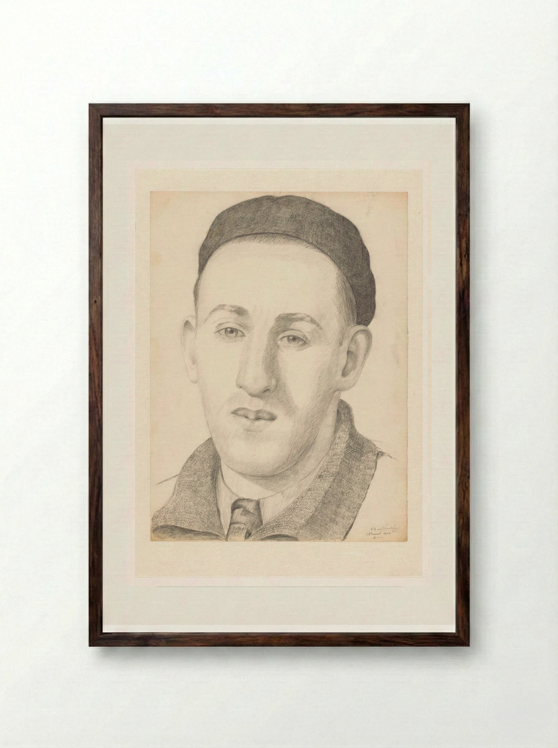 Zelfportret en face met pet en stropdas - Cor van Teeseling - Framed Print Dark Wood