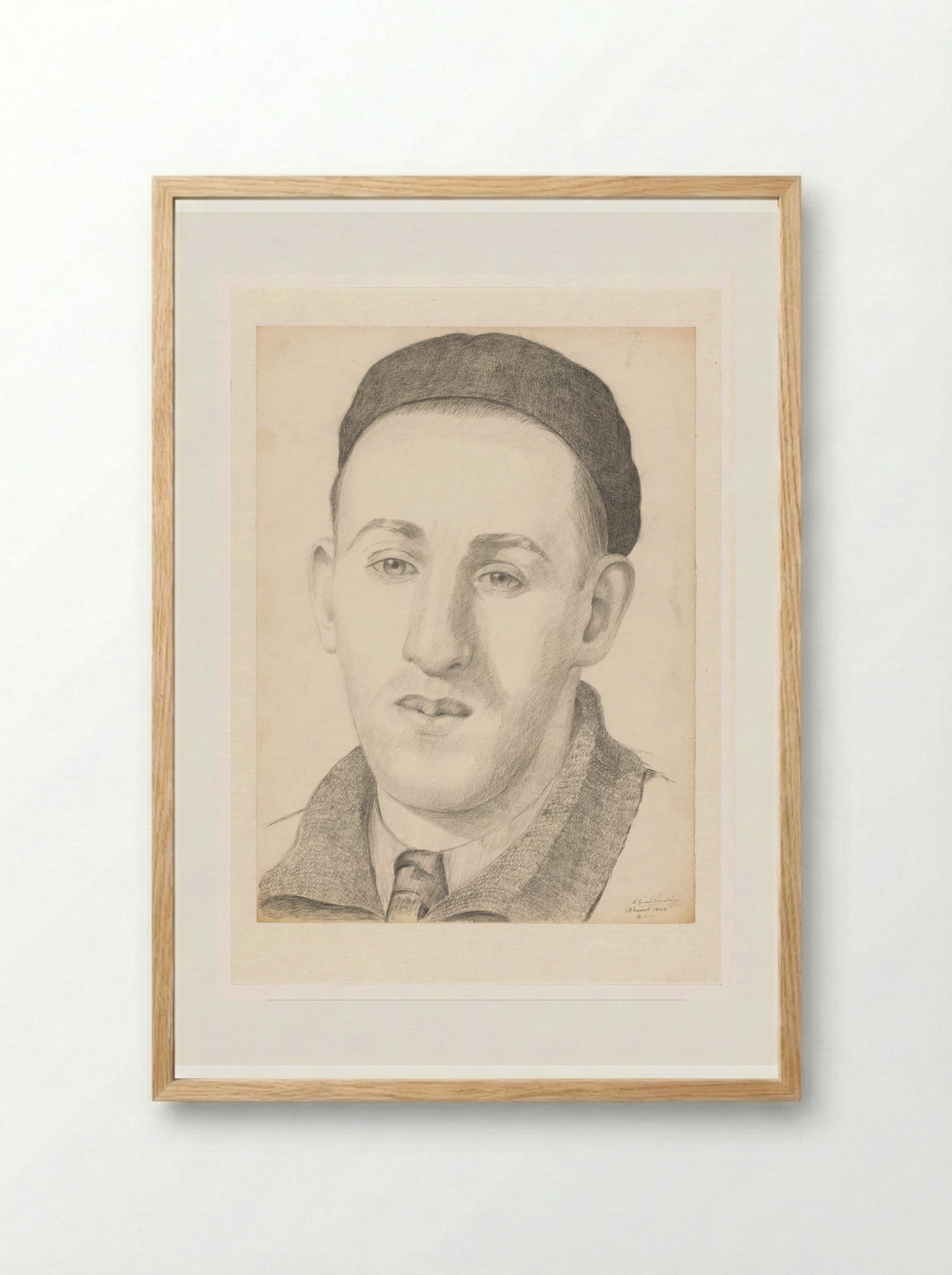 Zelfportret en face met pet en stropdas - Cor van Teeseling - Framed Print Wood