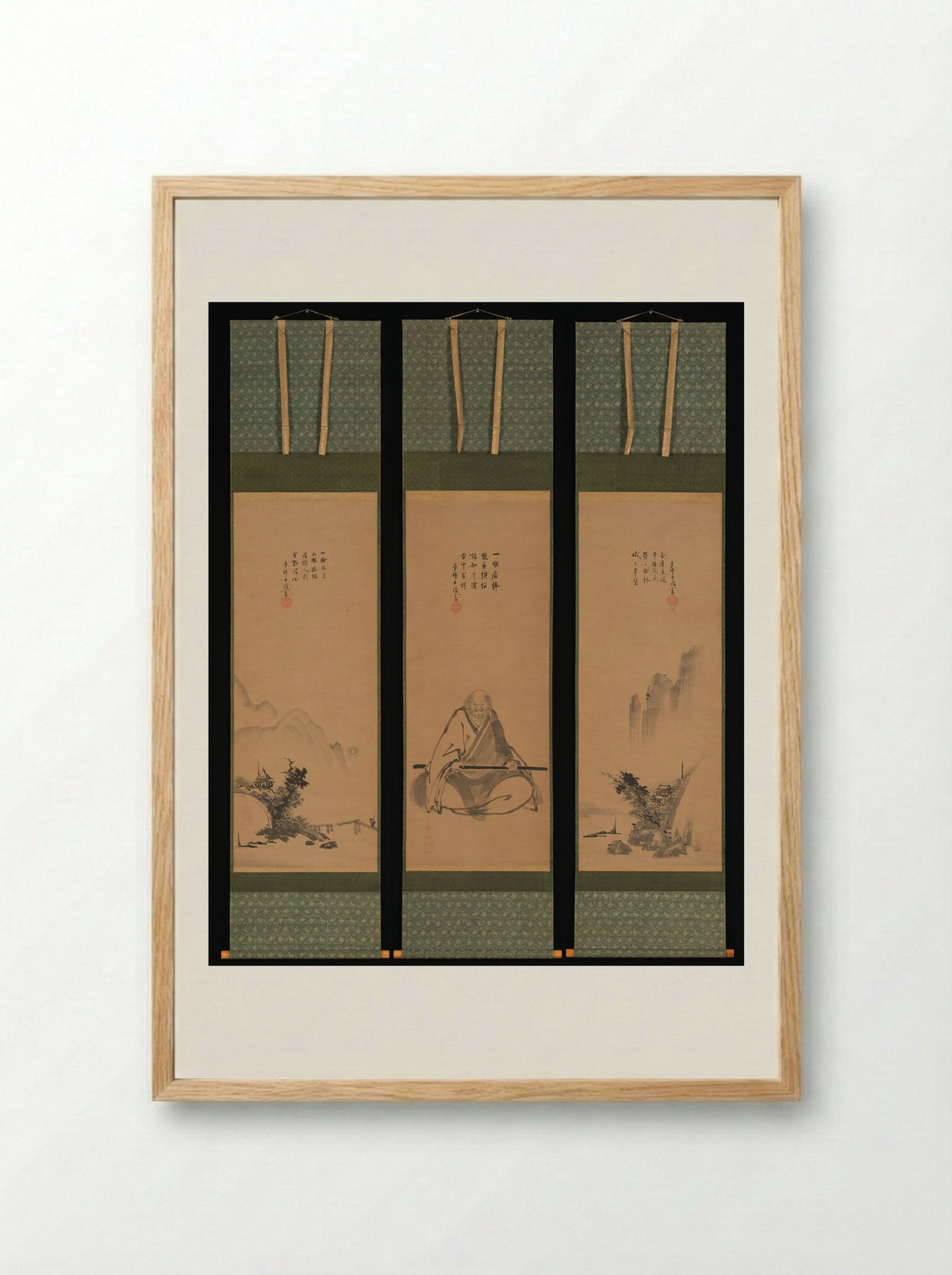 Zen Master with Meditation Staff, and Chinese-Style Landscapes - Unkoku Tōeki - Framed Print Wood