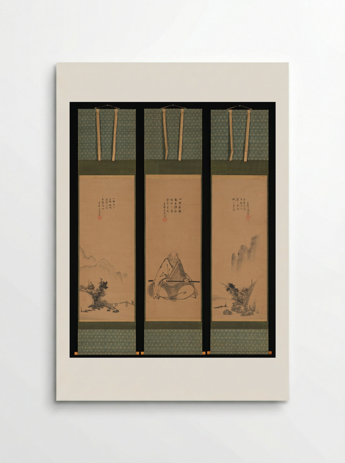 Zen Master with Meditation Staff, and Chinese-Style Landscapes - Unkoku Tōeki - Poster