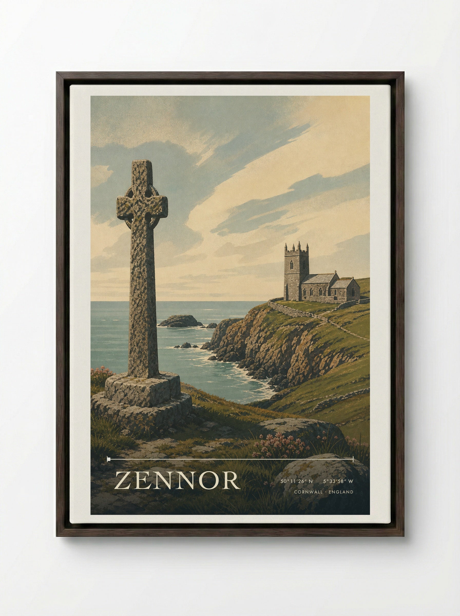 Zennor Cornwall England Travel Poster - Framed Canvas Dark Wood
