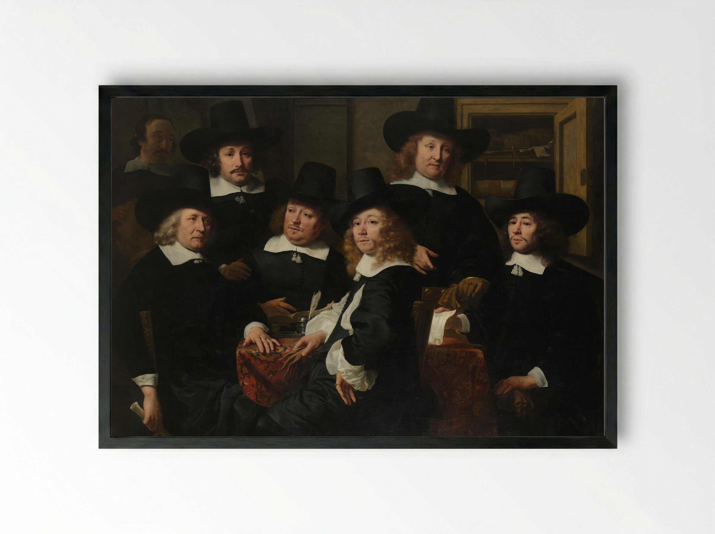 Zes regenten en de bode van het Nieuwezijds Huiszittenhuis te Amsterdam - Ferdinand Bol - Framed Print Black