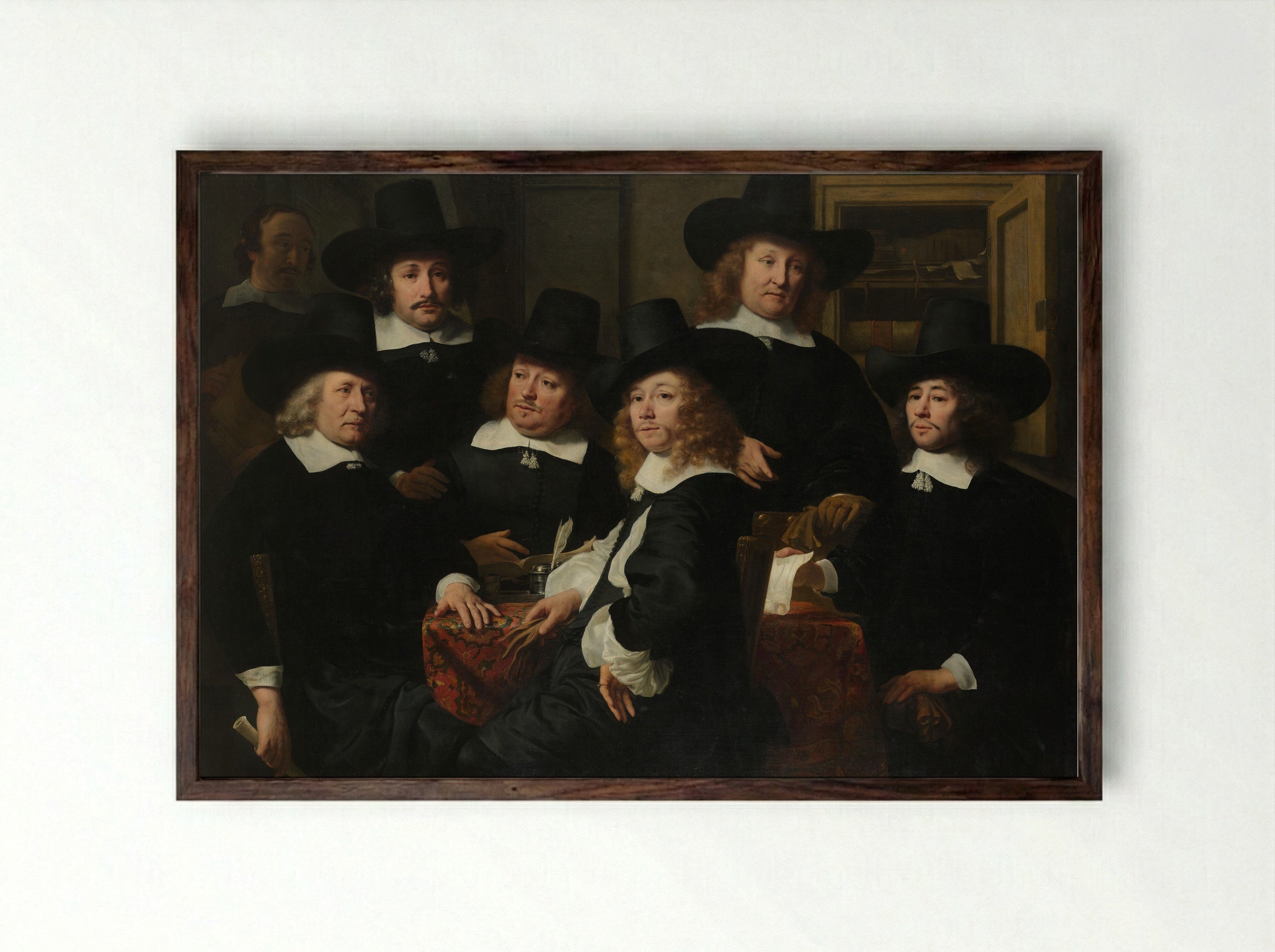 Zes regenten en de bode van het Nieuwezijds Huiszittenhuis te Amsterdam - Ferdinand Bol - Framed Print Dark Wood