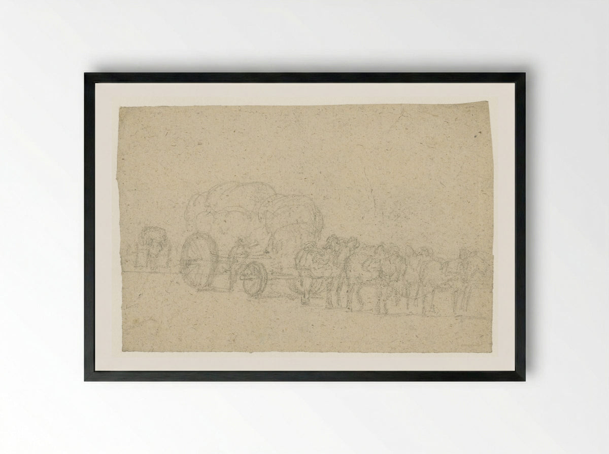 Zes span paarden voor een hoog opgeladen vrachtwagen - Georges Michel - Framed Print Black