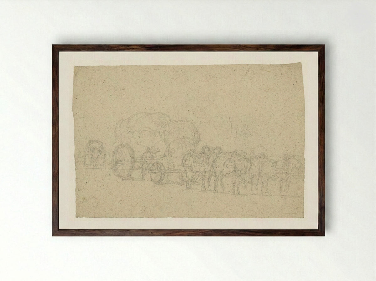 Zes span paarden voor een hoog opgeladen vrachtwagen - Georges Michel - Framed Print Dark Wood