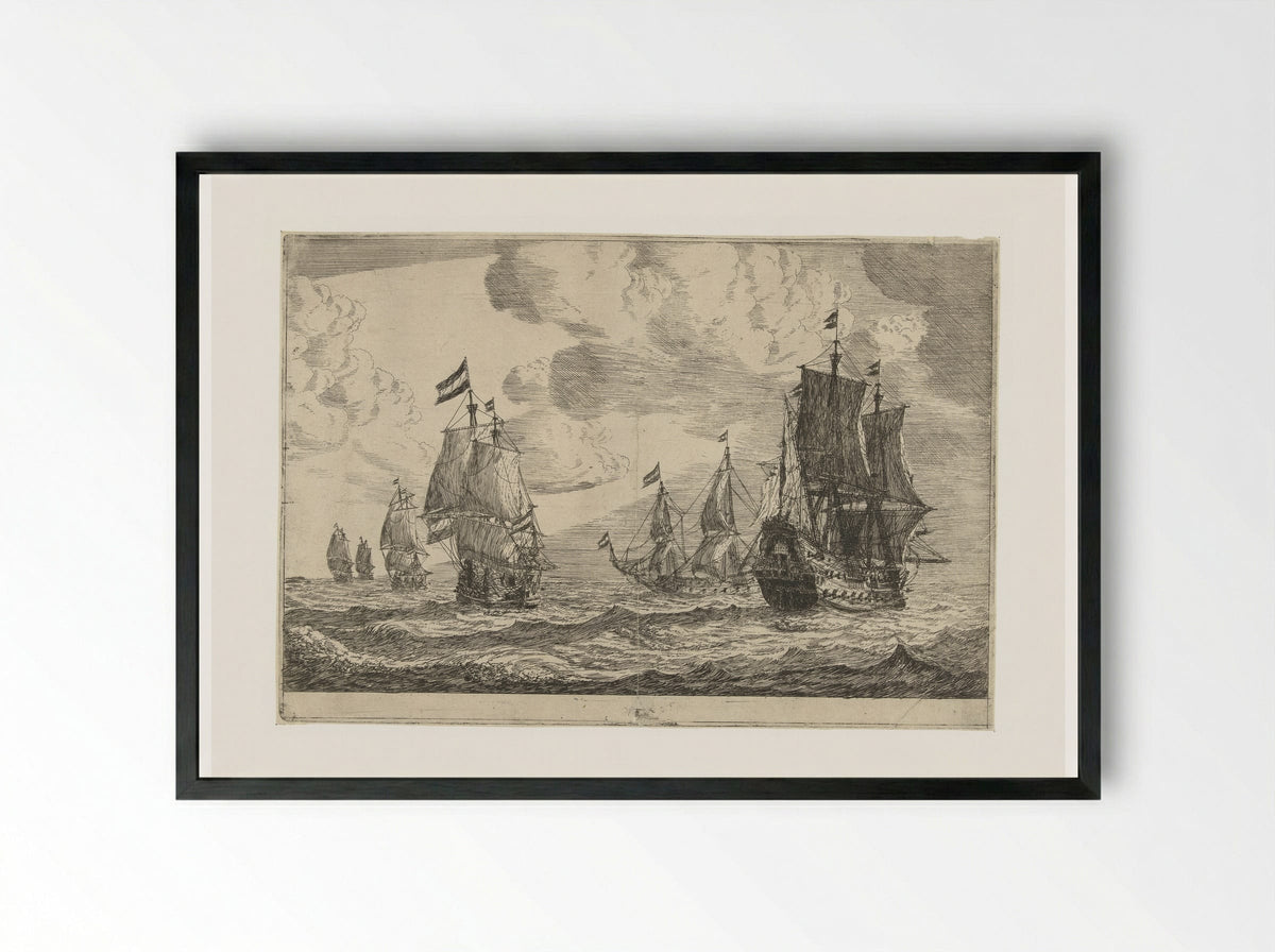 Zes zeilschepen op open zee - Reinier Nooms - Framed Print Black