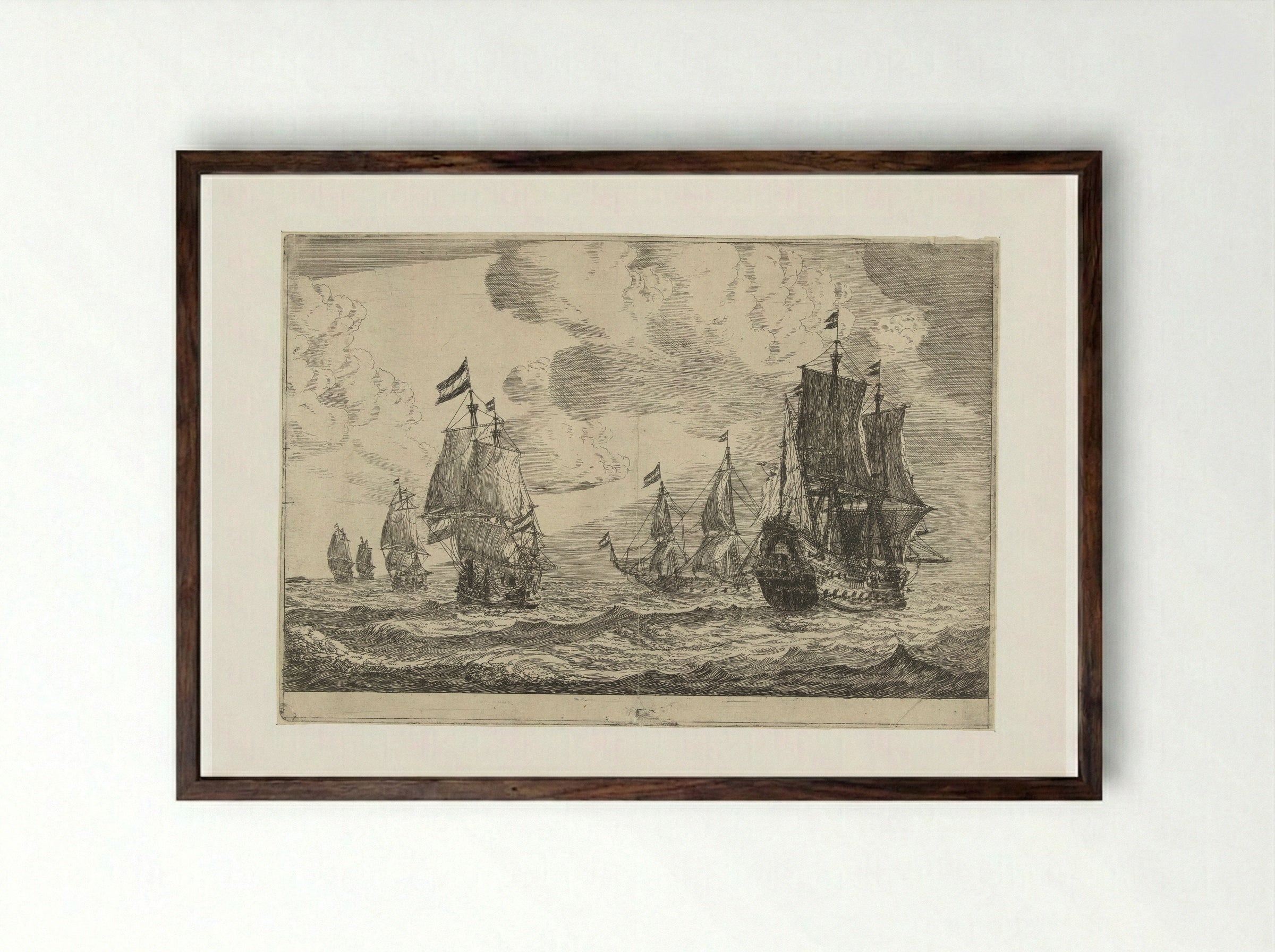 Zes zeilschepen op open zee - Reinier Nooms - Framed Print Dark Wood
