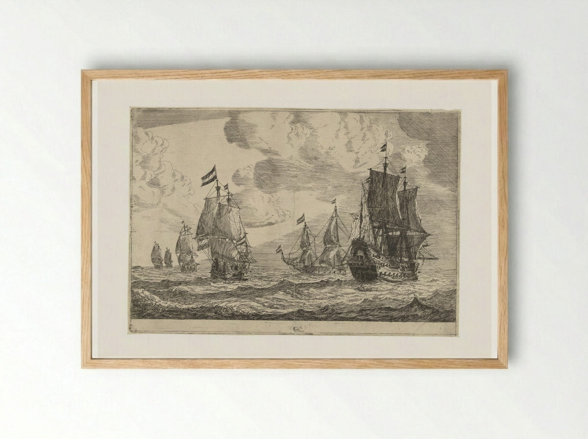 Zes zeilschepen op open zee - Reinier Nooms - Framed Print Wood