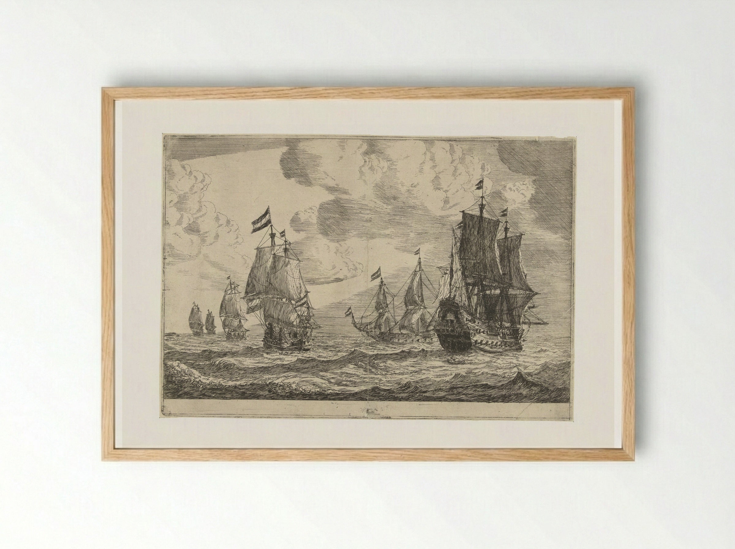Zes zeilschepen op open zee - Reinier Nooms - Framed Print Wood