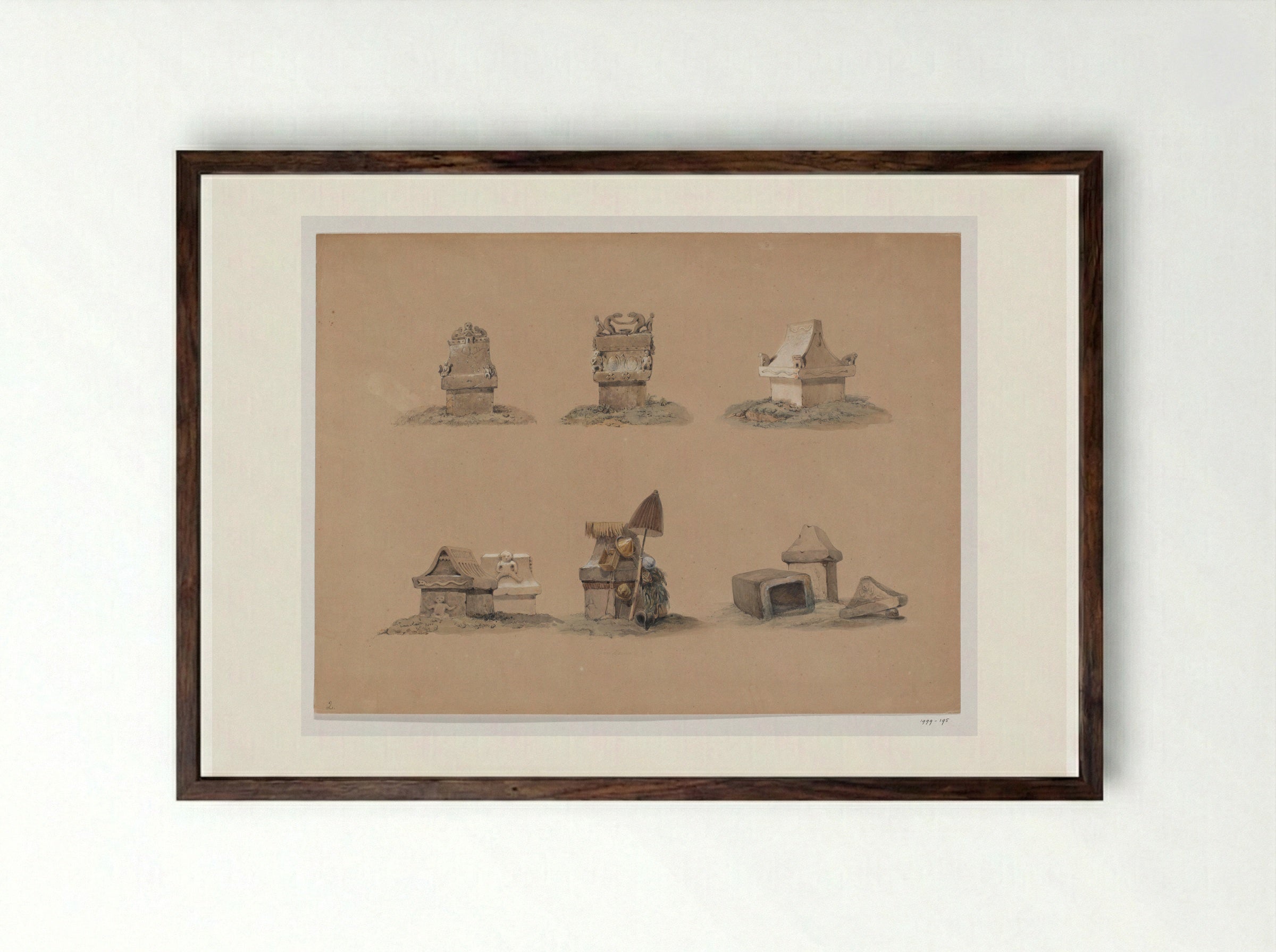 Zeven sarcofagen (waruga), Minahasalanden, Noord-Celebes - Adrianus Johannes Bik - Framed Print Dark Wood